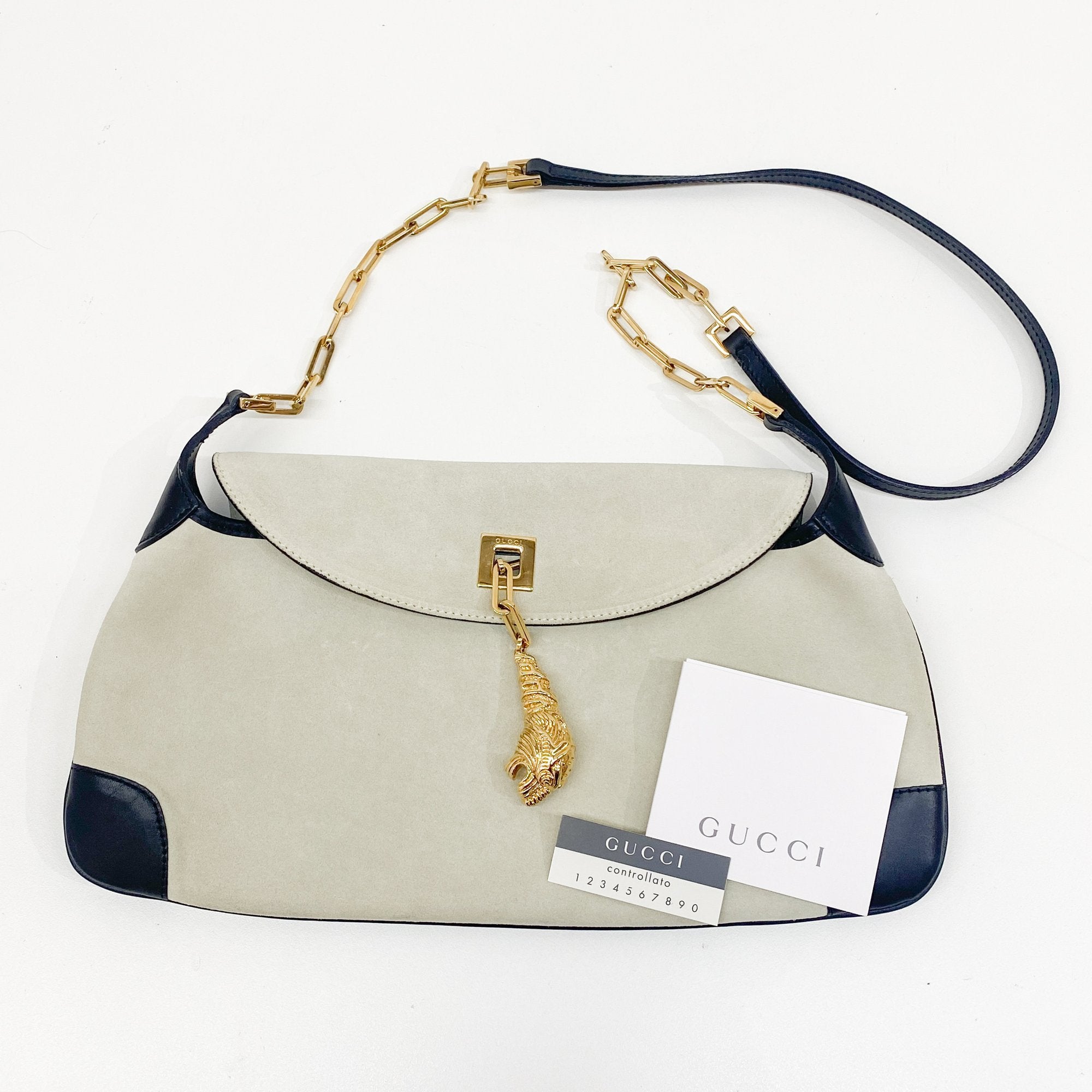 Gold Tiger Head Sand Beige Suede Shoulder Bag