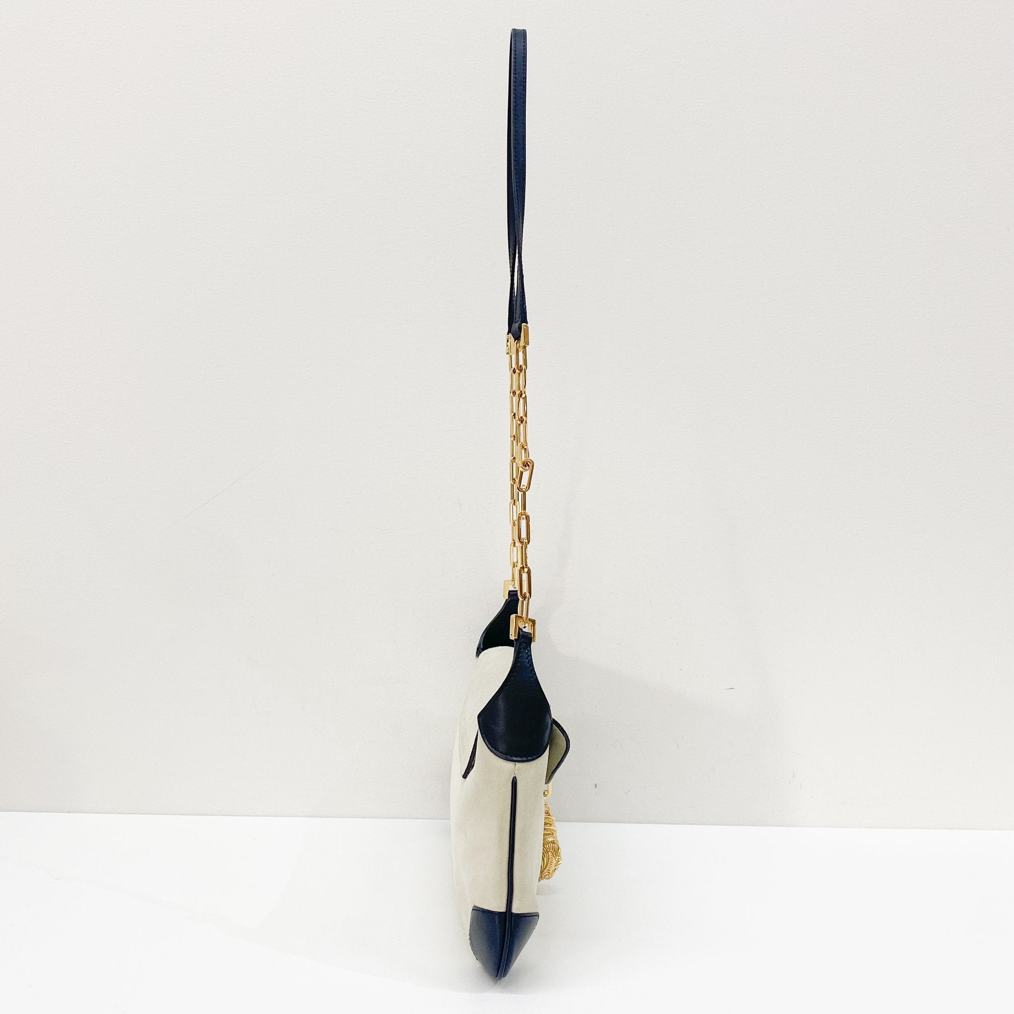 Gold Tiger Head Sand Beige Suede Shoulder Bag