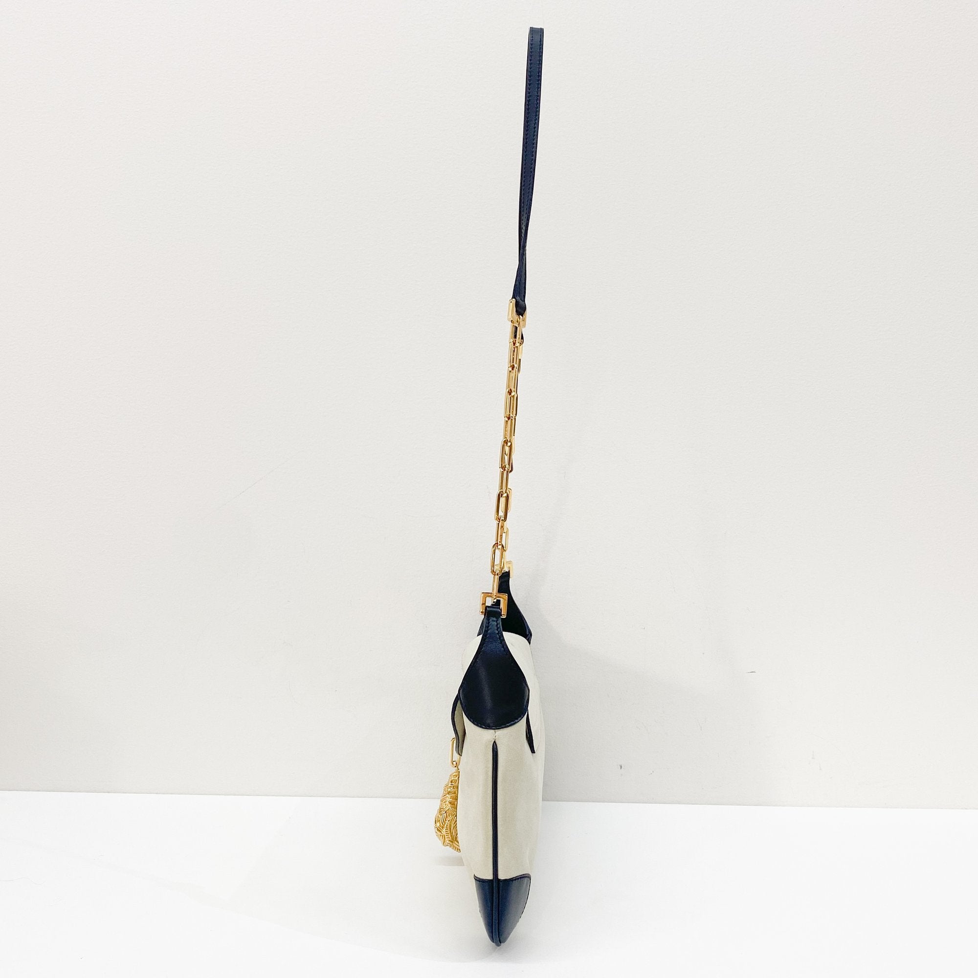 Gold Tiger Head Sand Beige Suede Shoulder Bag