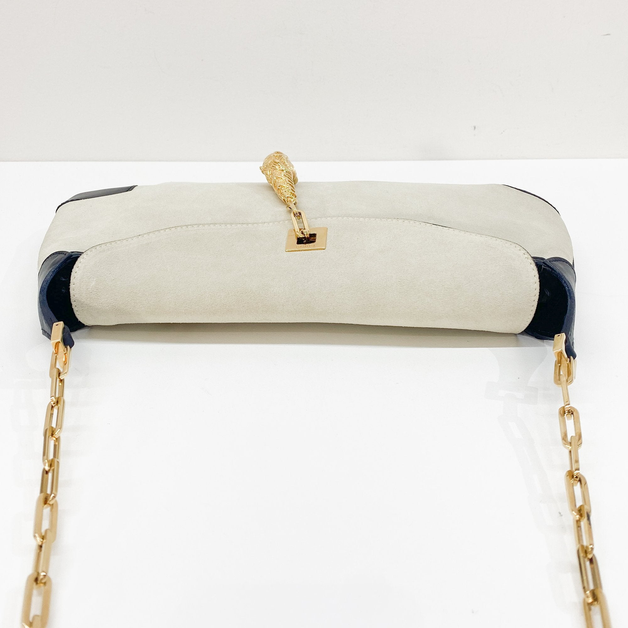 Gold Tiger Head Sand Beige Suede Shoulder Bag