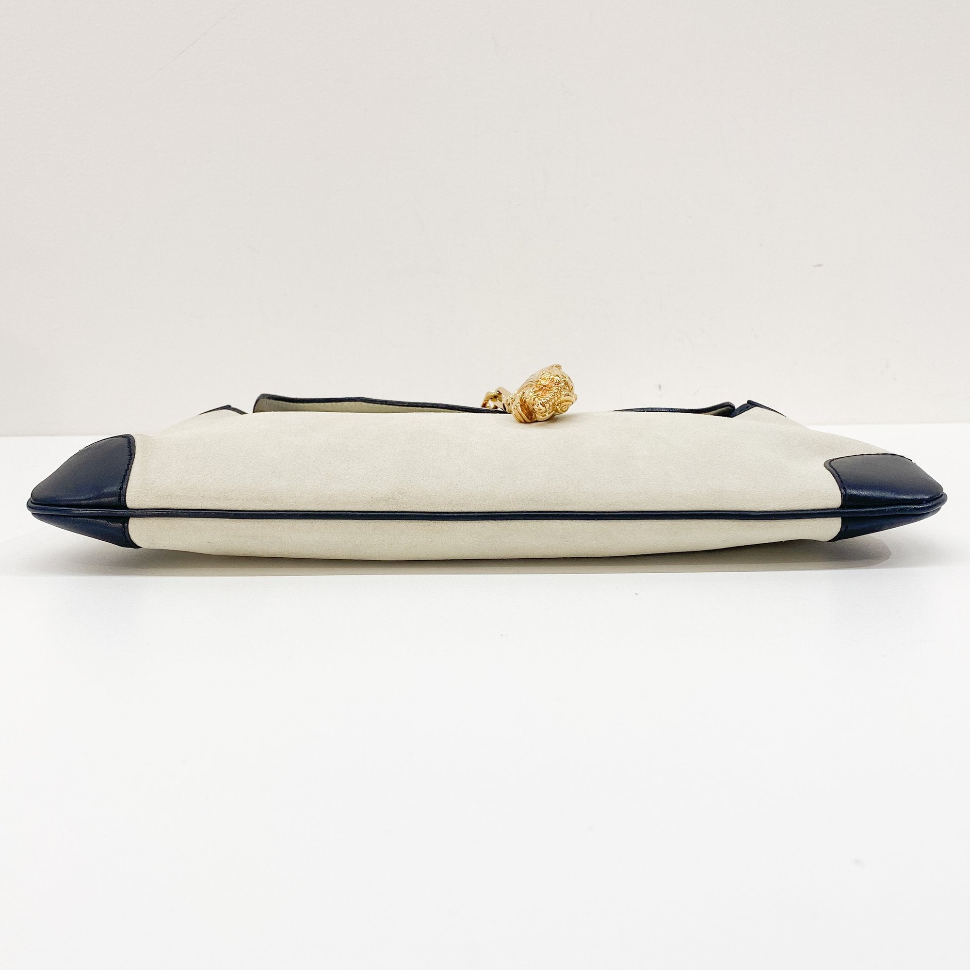 Gold Tiger Head Sand Beige Suede Shoulder Bag