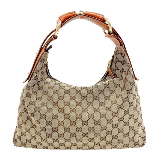 GG Brown Canvas Horsebit Hobo Bag
