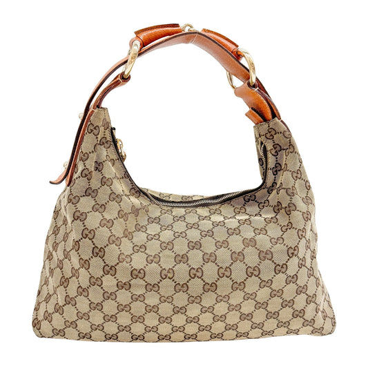 GG Brown Canvas Horsebit Hobo Bag