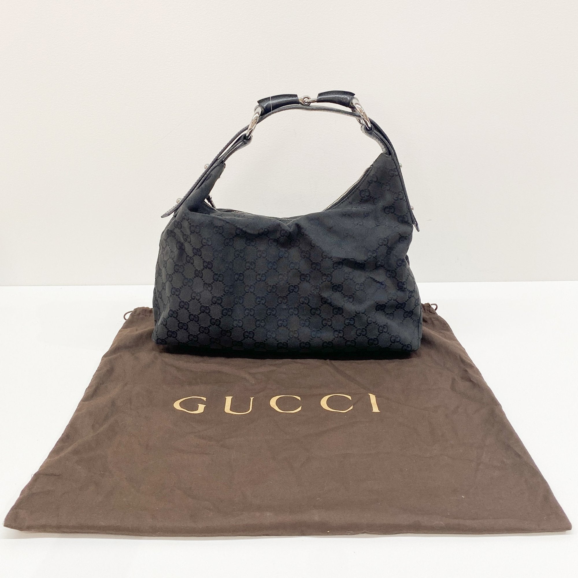 Horsebit Black GG Canvas Cotton Shoulder Bag