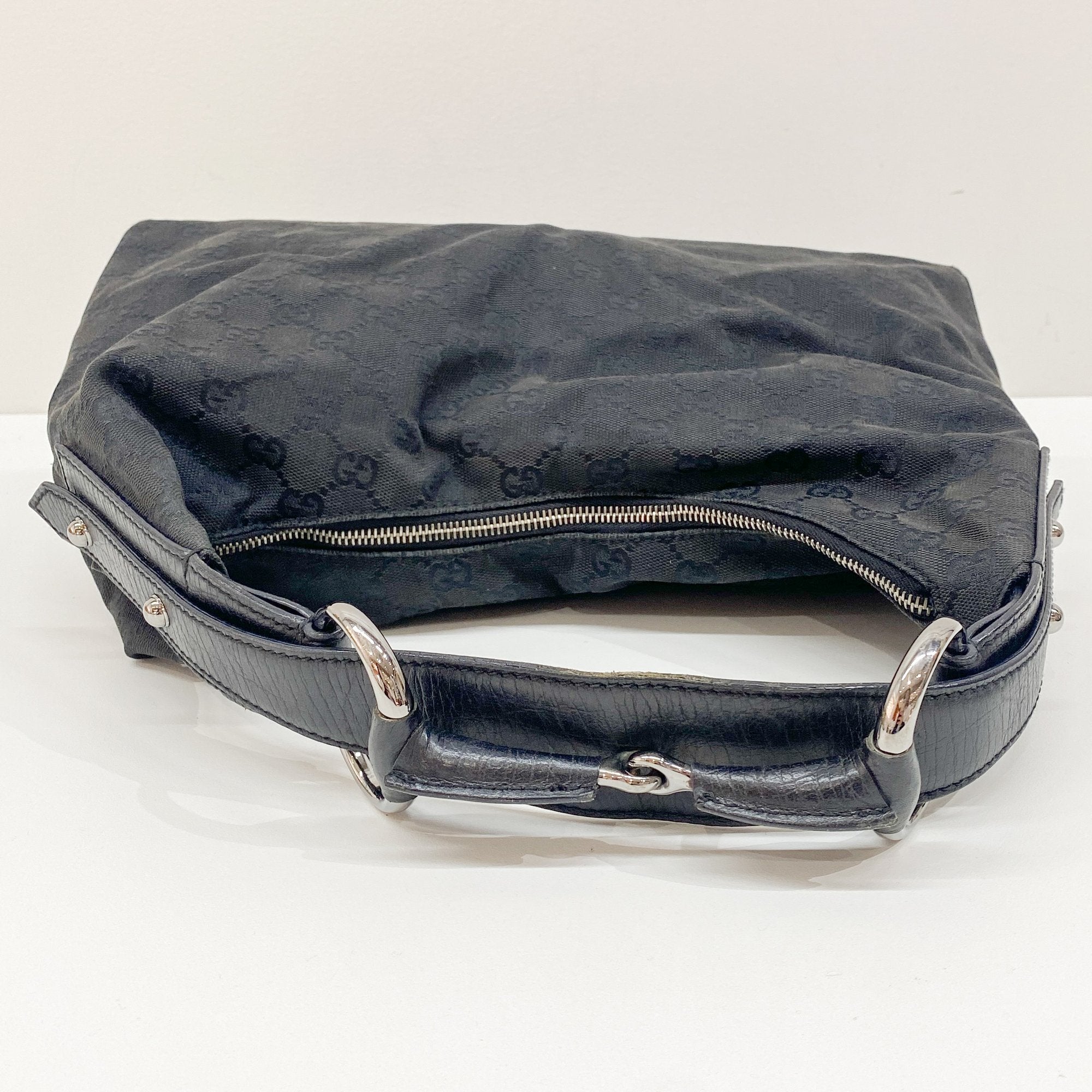 Horsebit Black GG Canvas Cotton Shoulder Bag