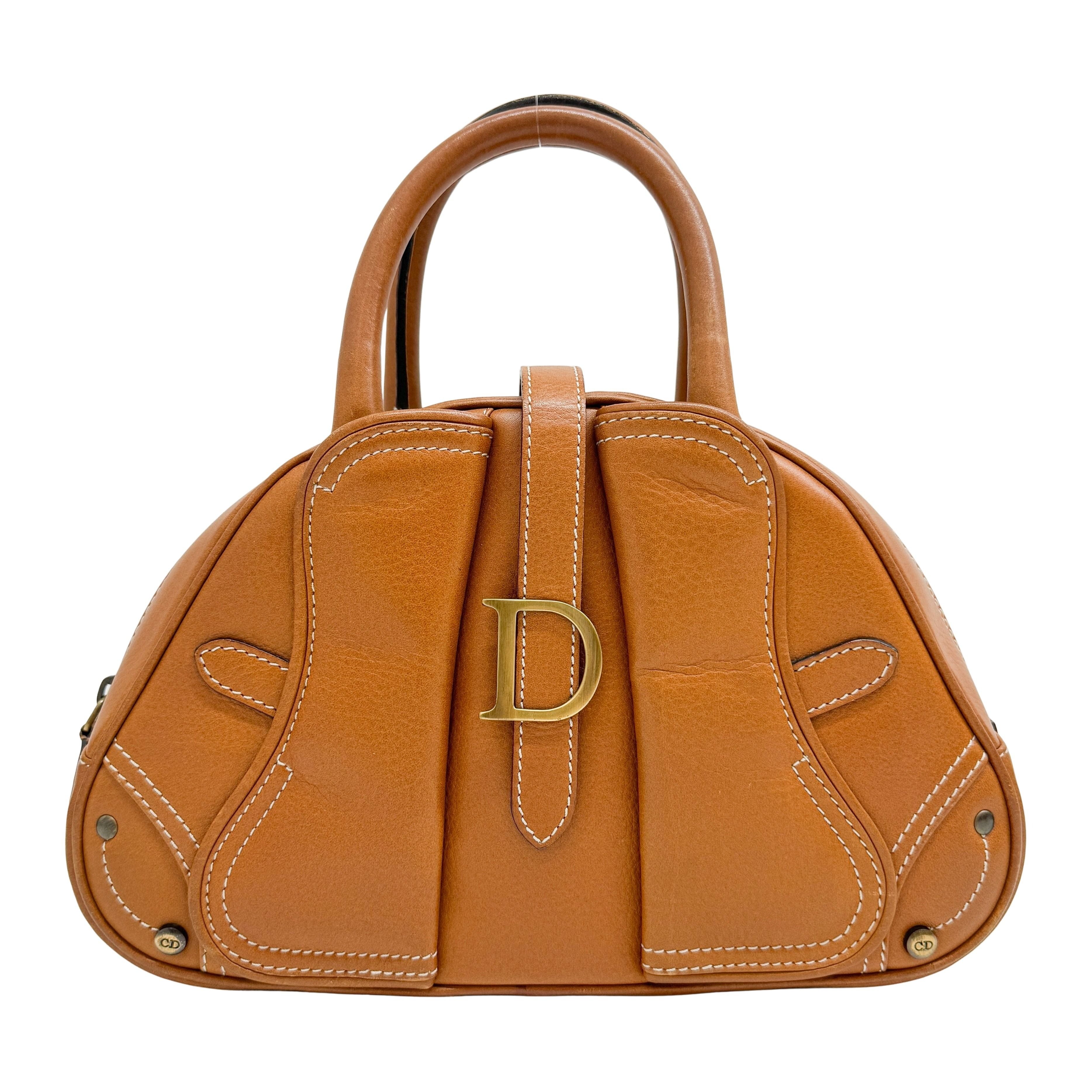 Double Saddle Camel Brown Leather Bowler Handbag
