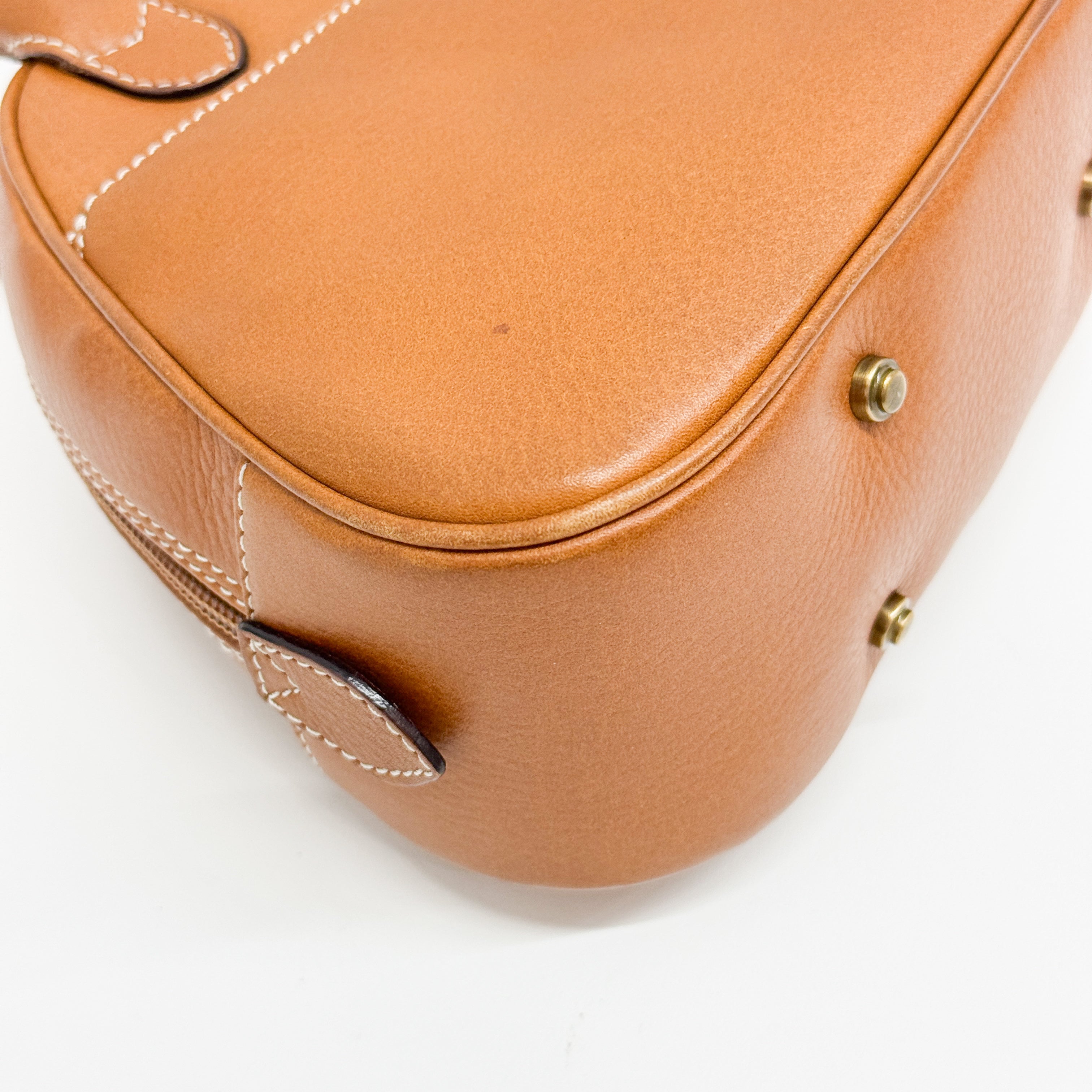 Double Saddle Camel Brown Leather Bowler Handbag