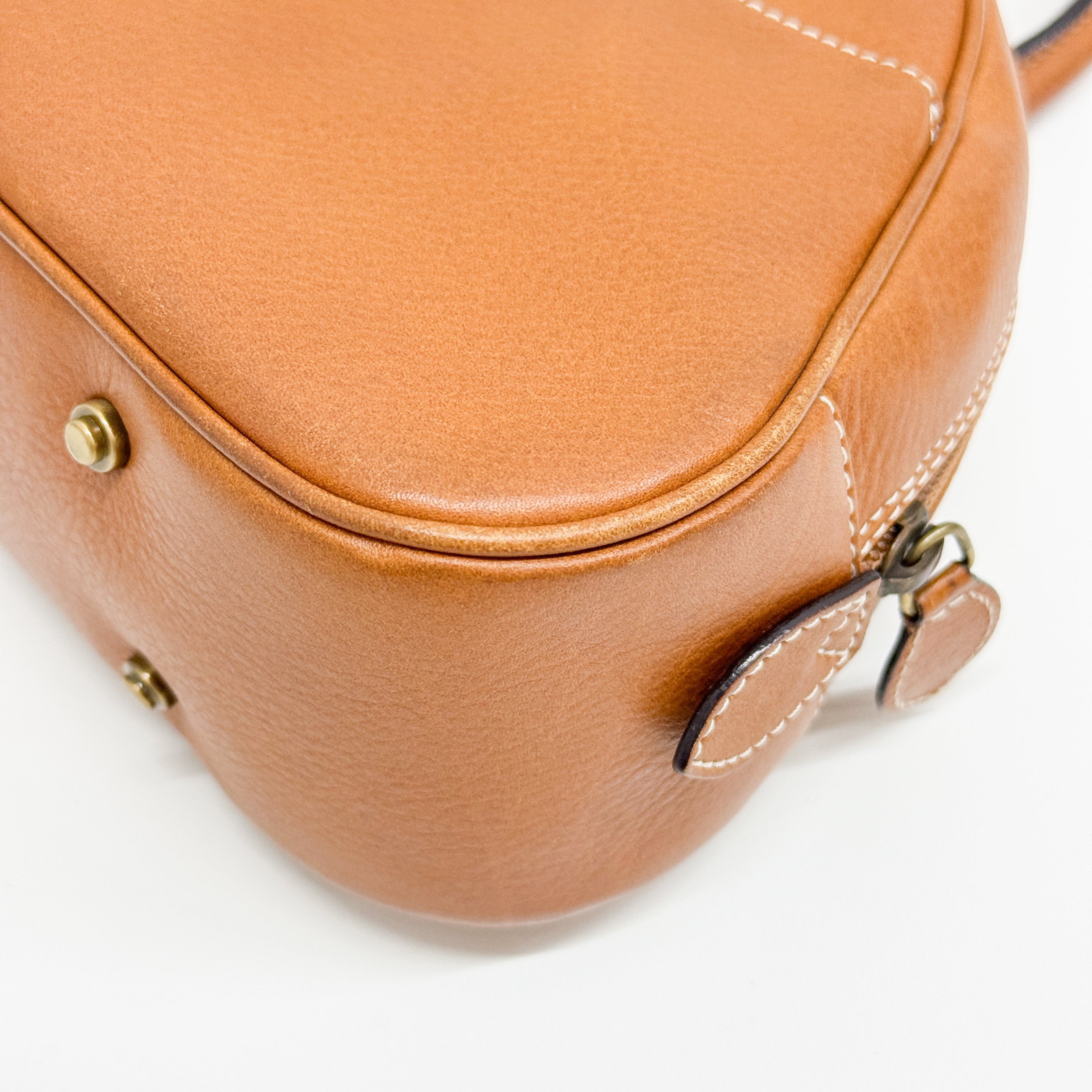 Double Saddle Camel Brown Leather Bowler Handbag