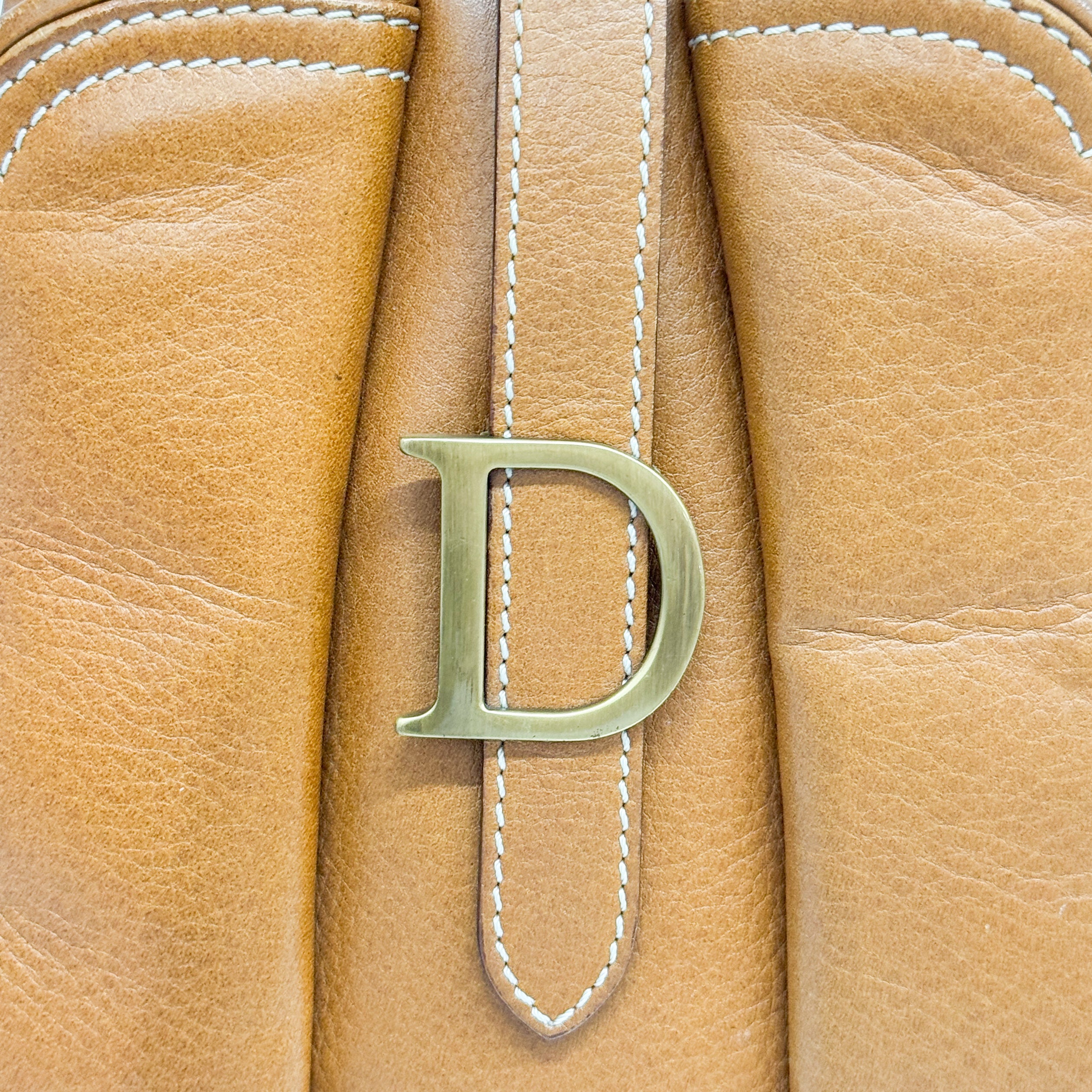 Double Saddle Camel Brown Leather Bowler Handbag