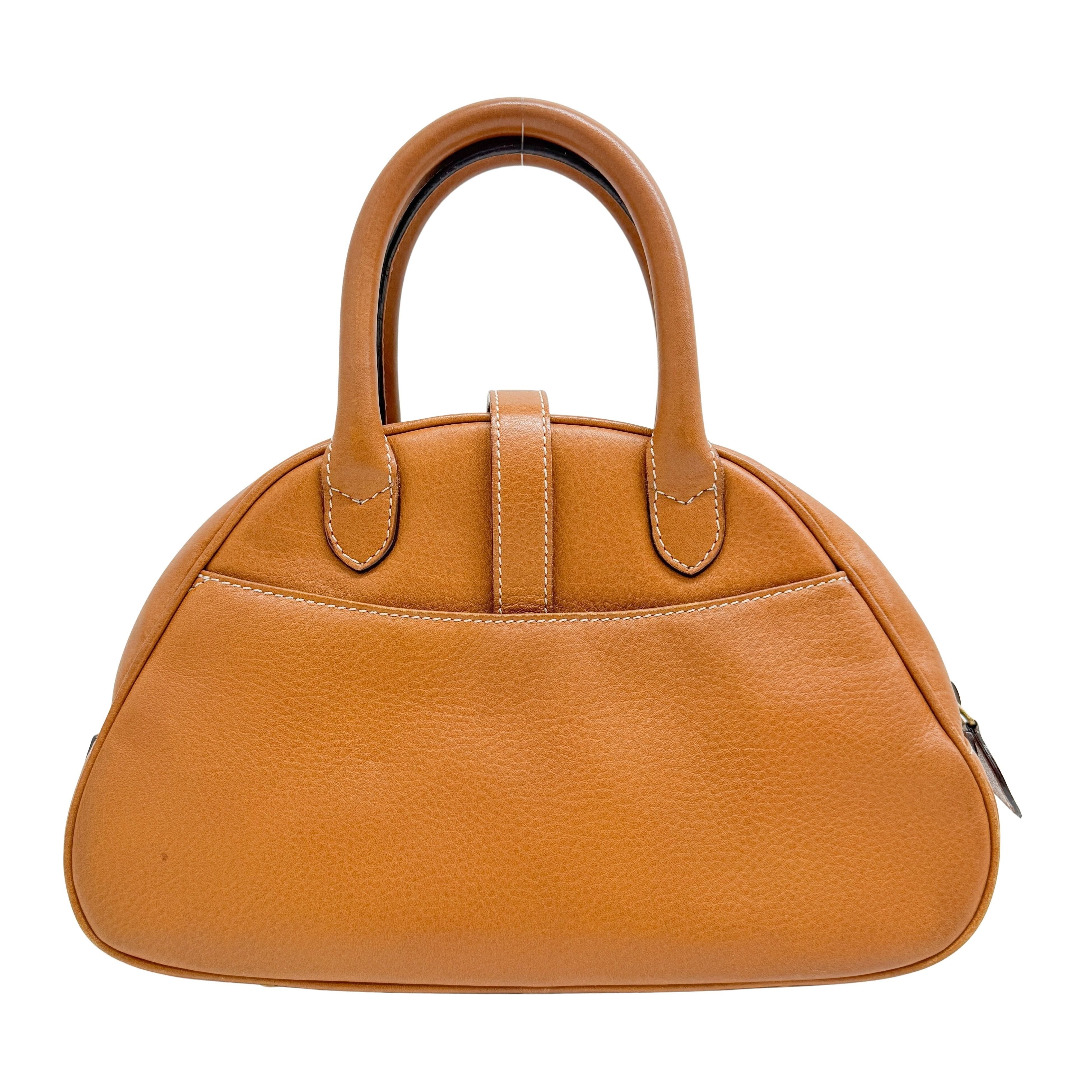 Double Saddle Camel Brown Leather Bowler Handbag