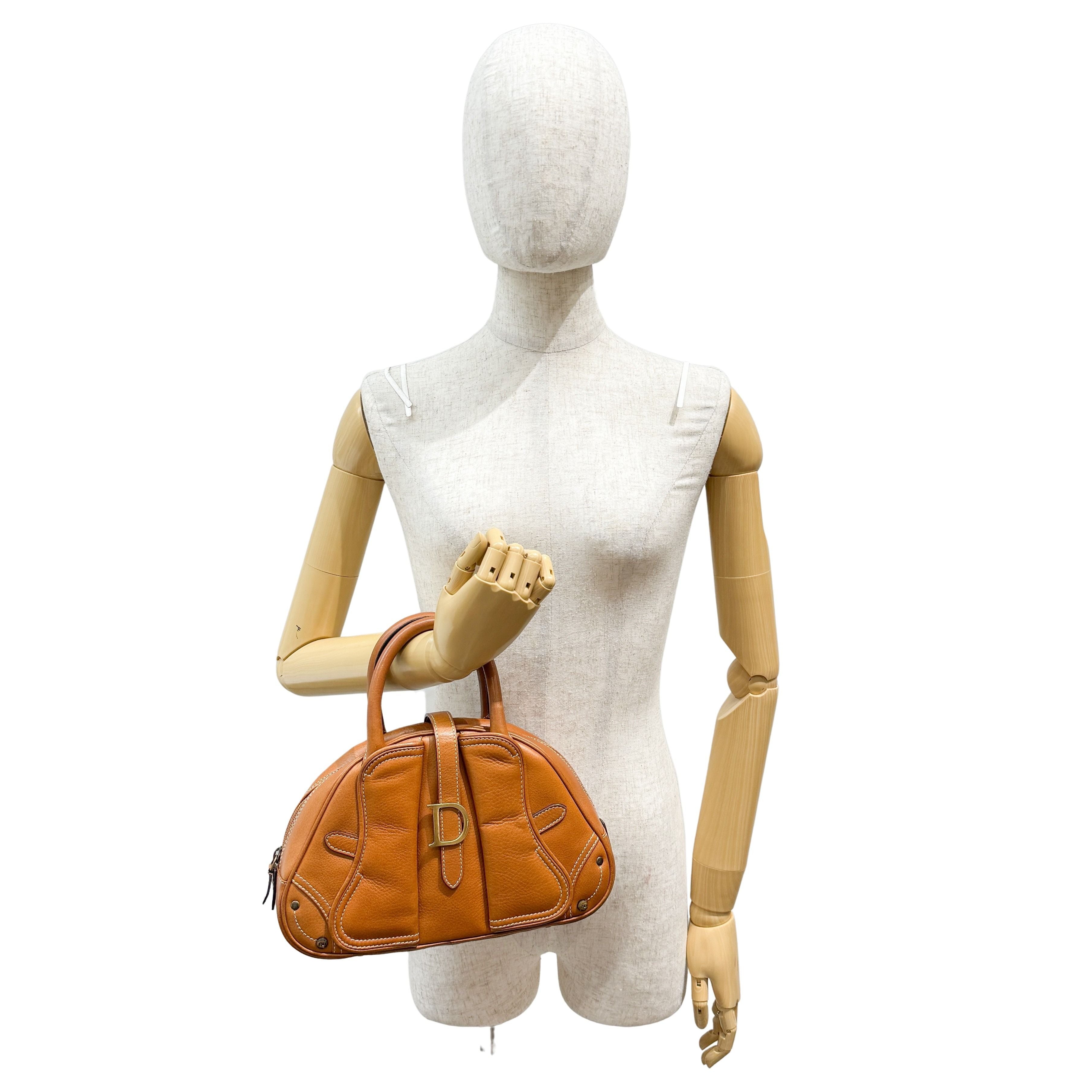 Double Saddle Camel Brown Leather Bowler Handbag