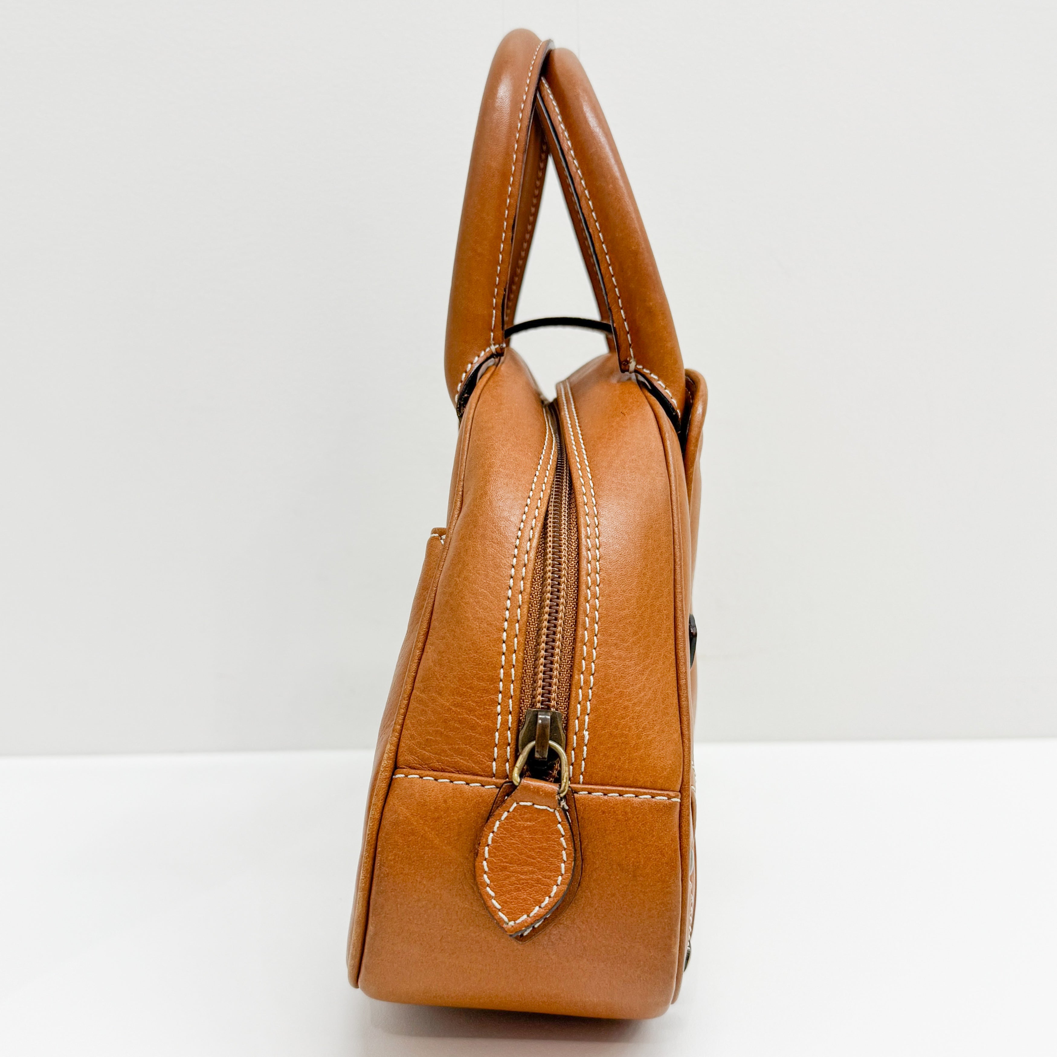 Double Saddle Camel Brown Leather Bowler Handbag