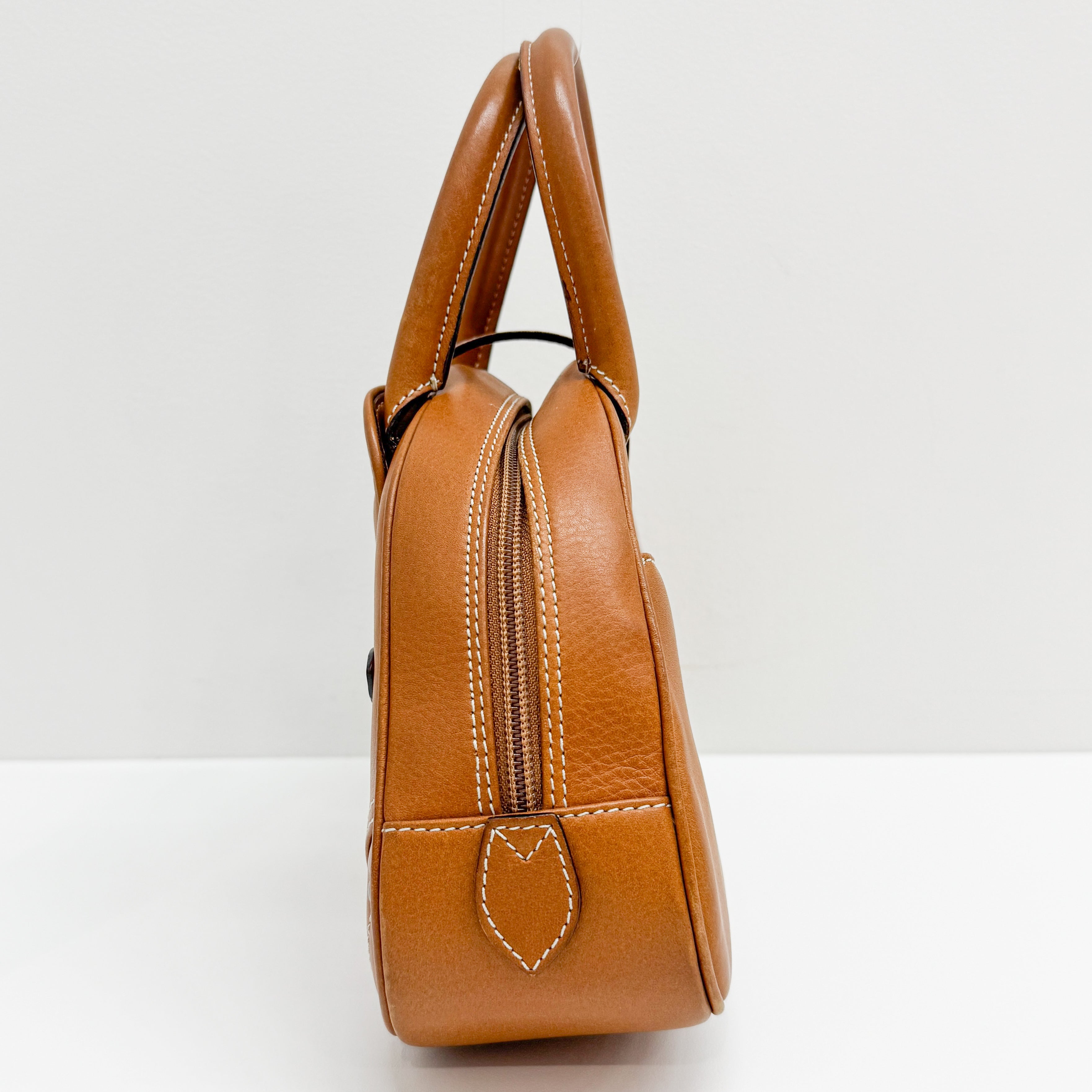 Double Saddle Camel Brown Leather Bowler Handbag