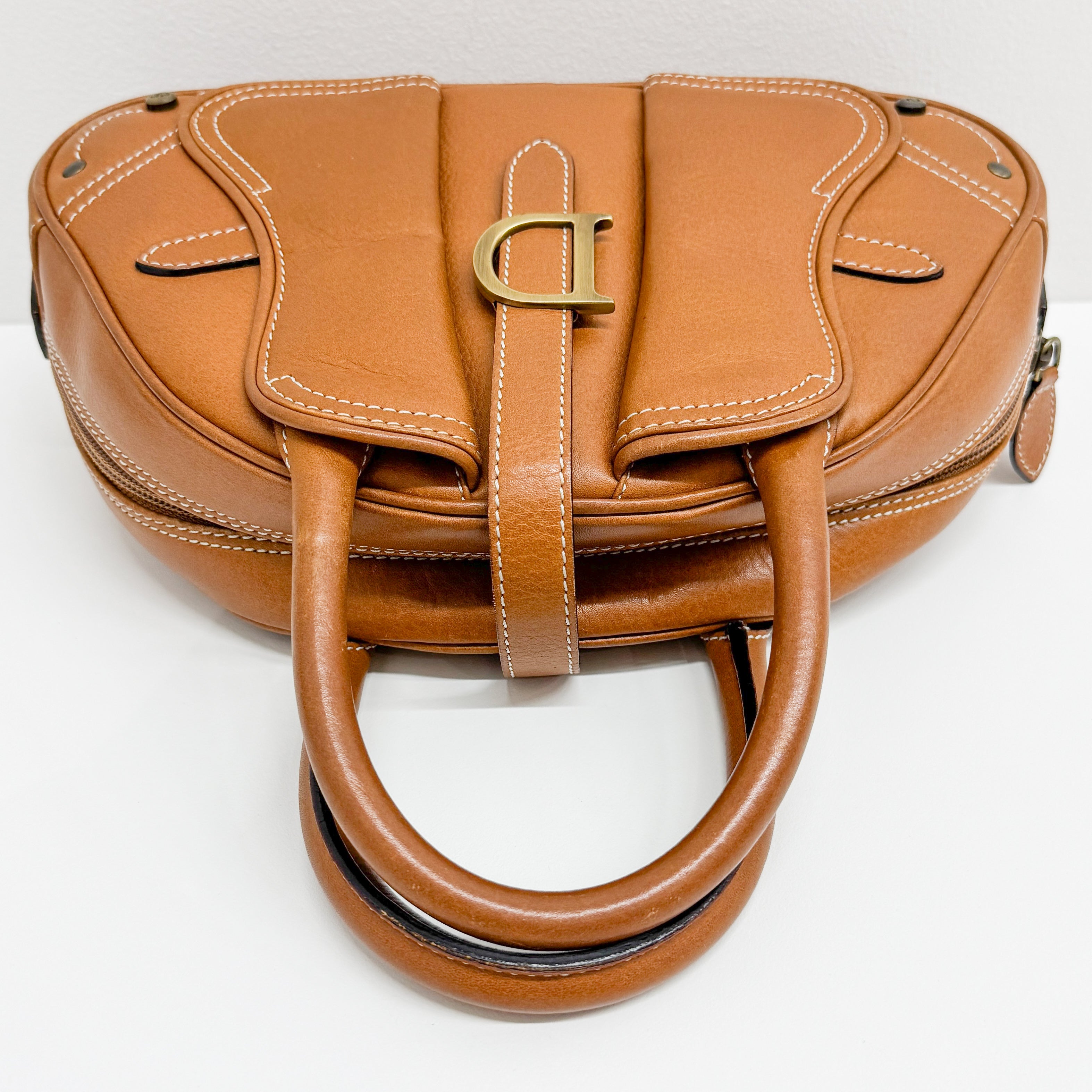 Double Saddle Camel Brown Leather Bowler Handbag