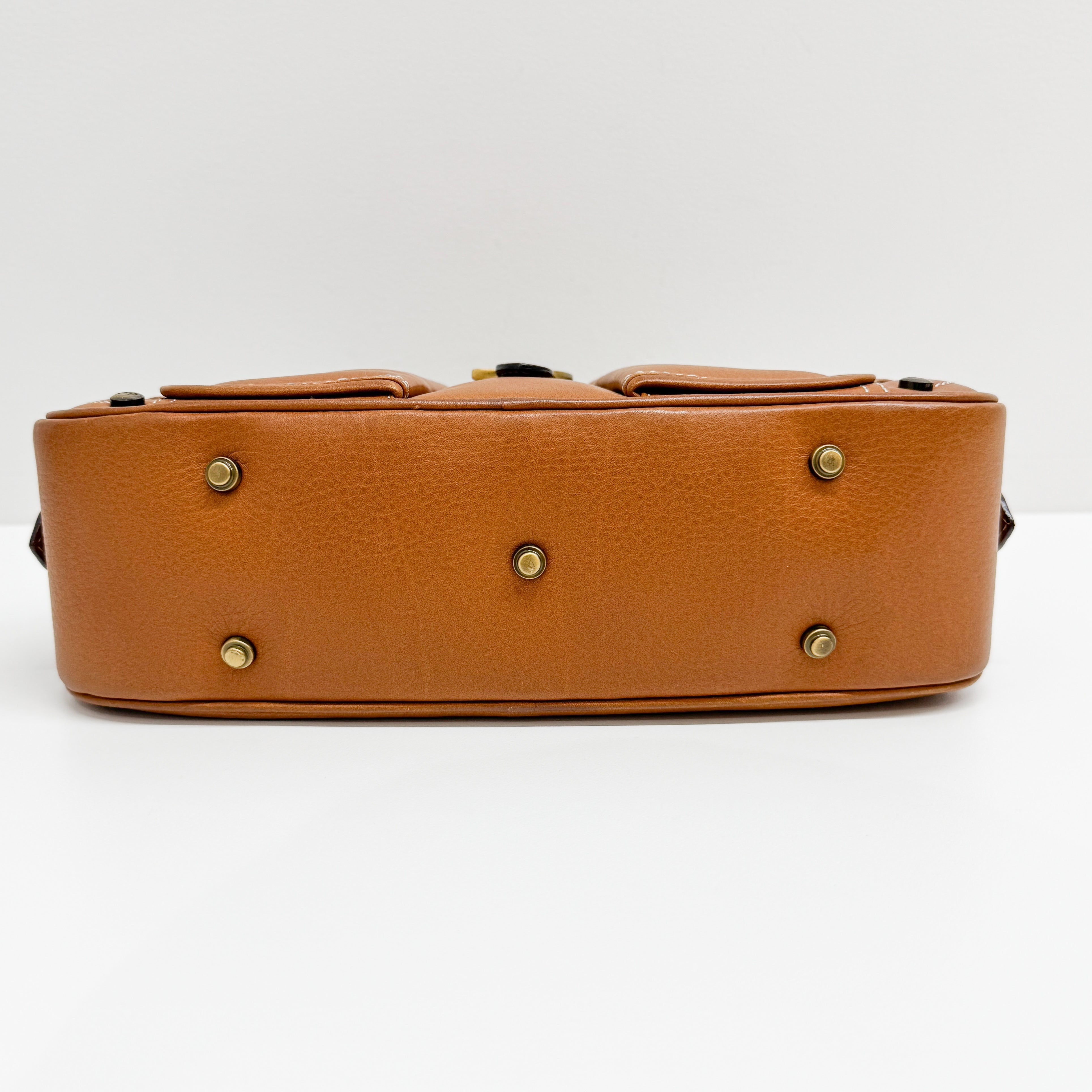 Double Saddle Camel Brown Leather Bowler Handbag