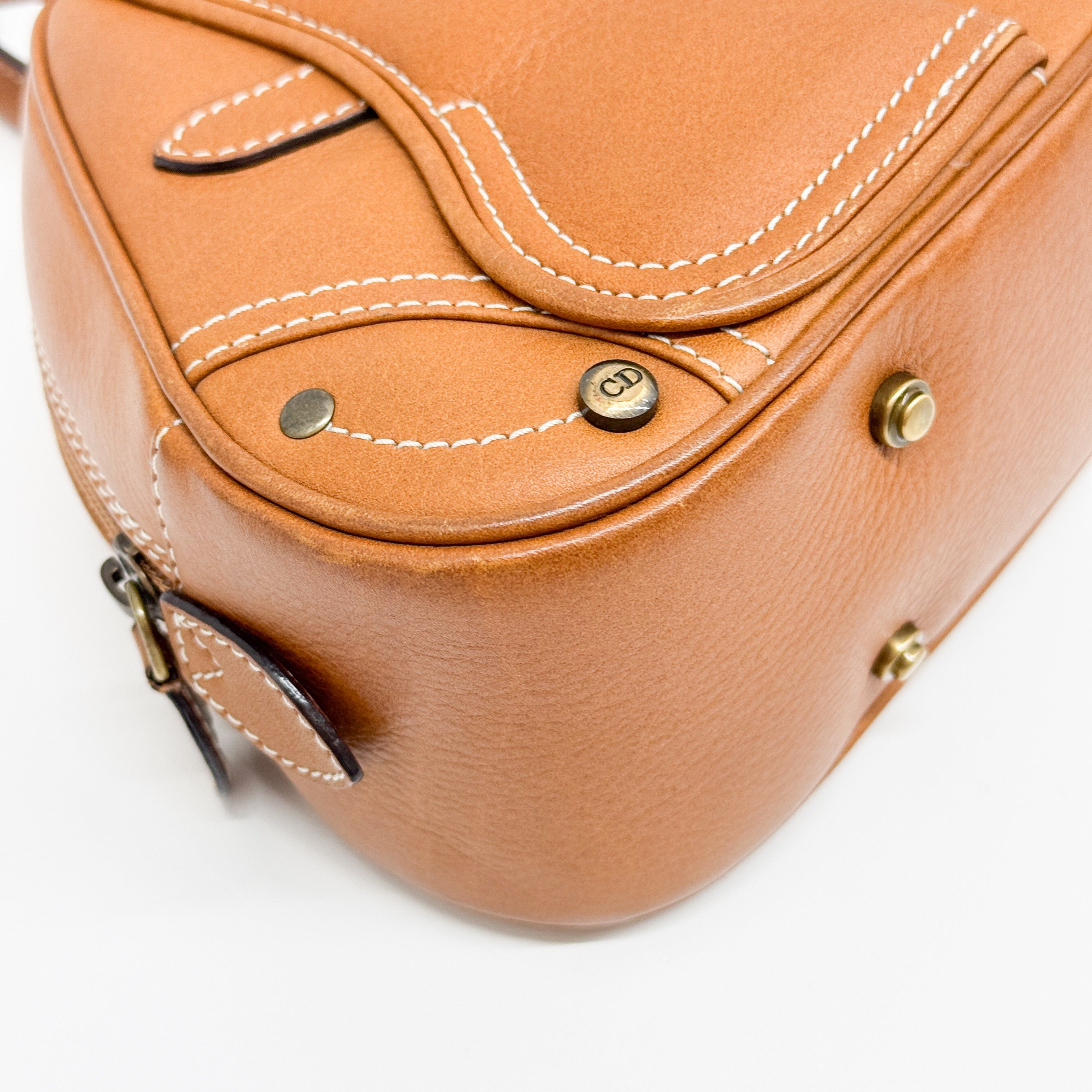 Double Saddle Camel Brown Leather Bowler Handbag