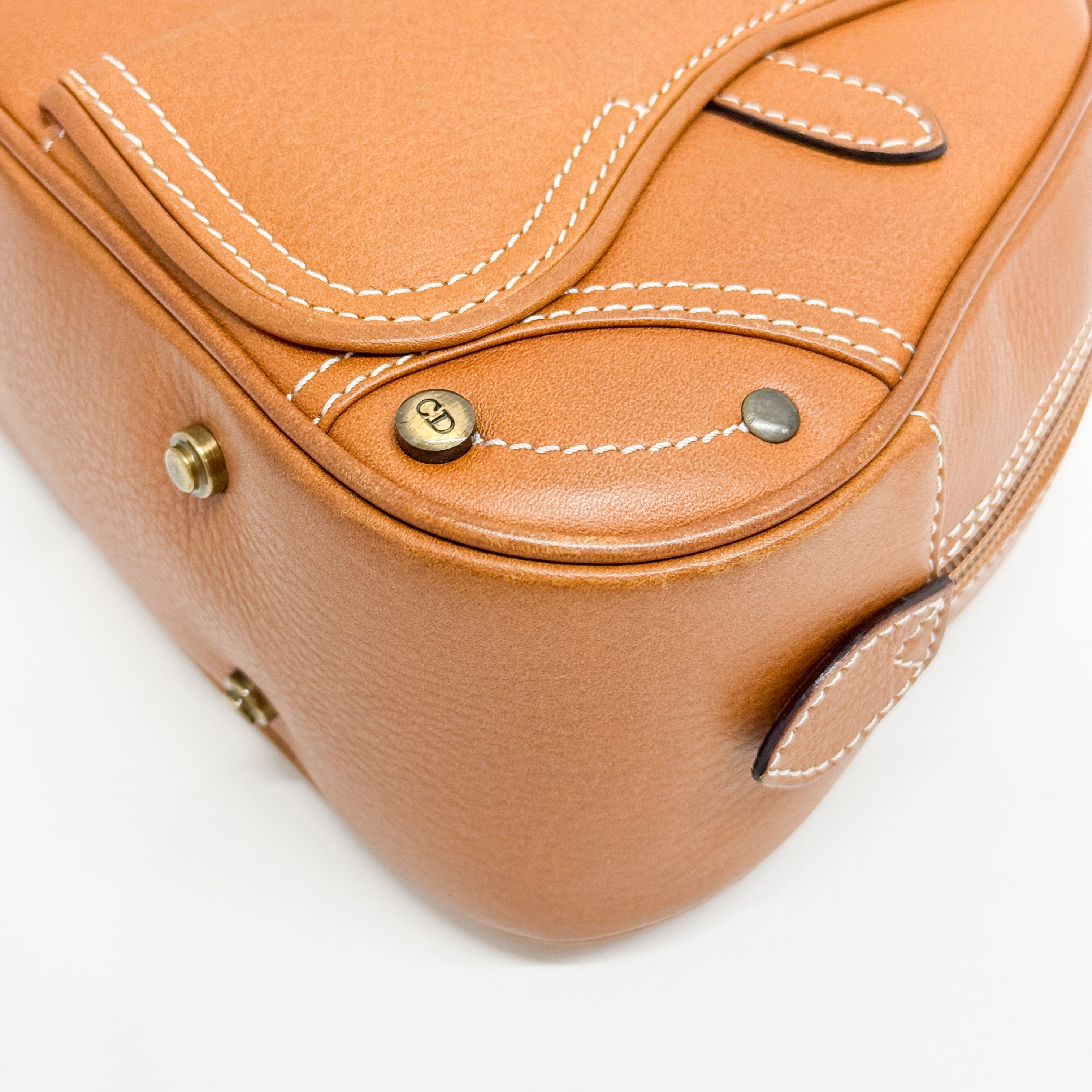 Double Saddle Camel Brown Leather Bowler Handbag