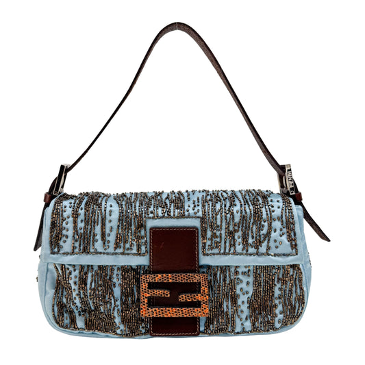 Baguette Blue Python Embossed Hardware Beaded Satin Shoulder Bag