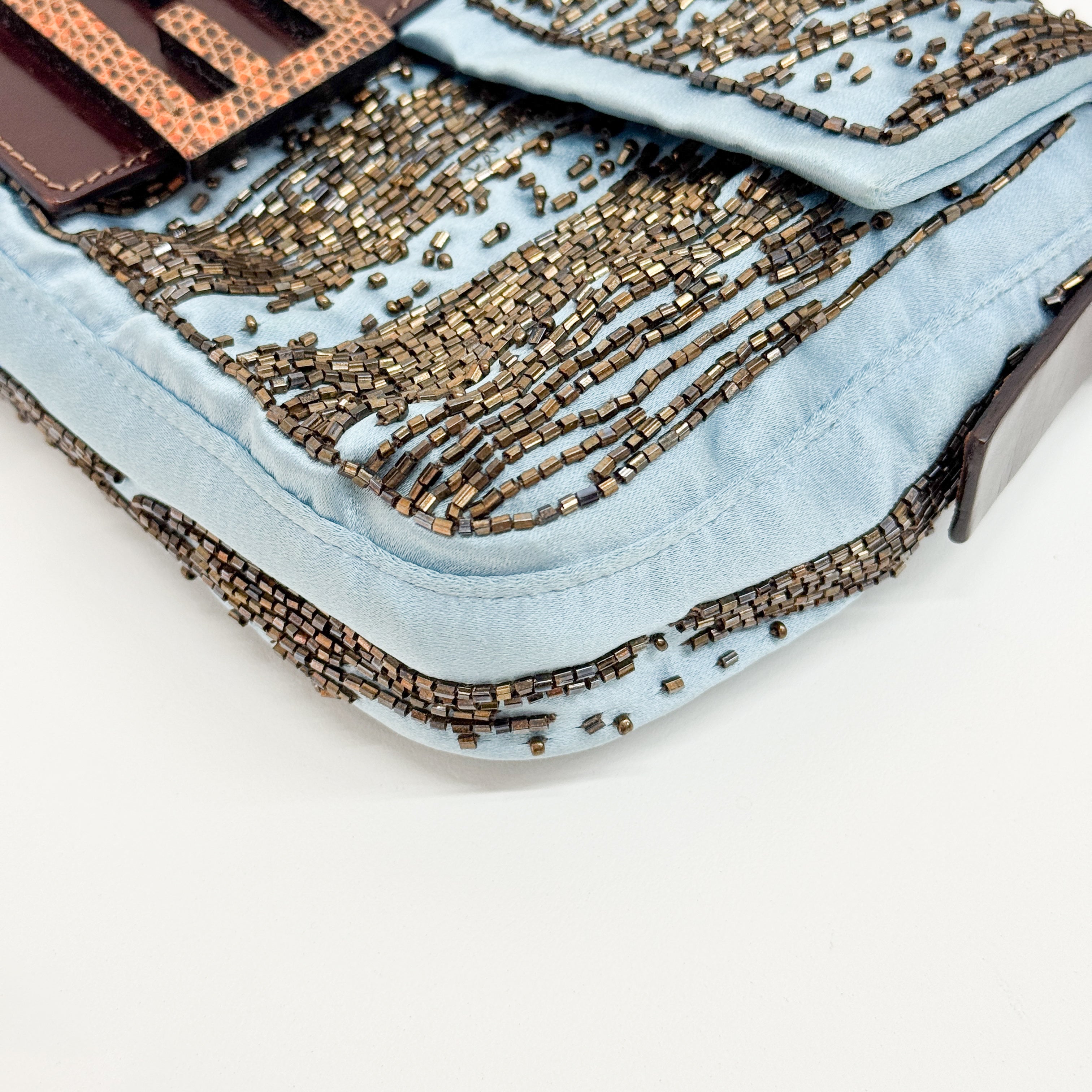 Baguette Blue Python Embossed Hardware Beaded Satin Shoulder Bag