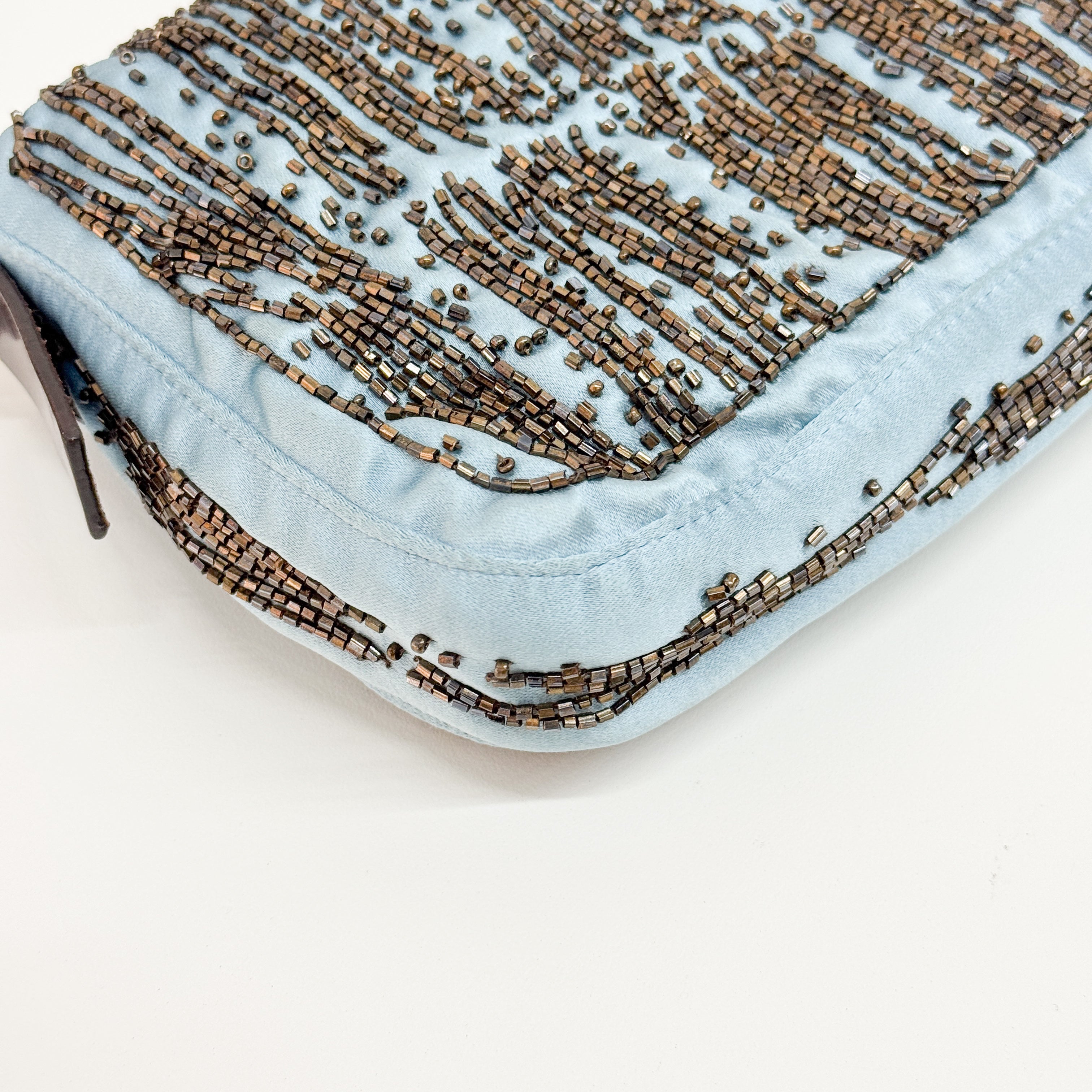 Baguette Blue Python Embossed Hardware Beaded Satin Shoulder Bag