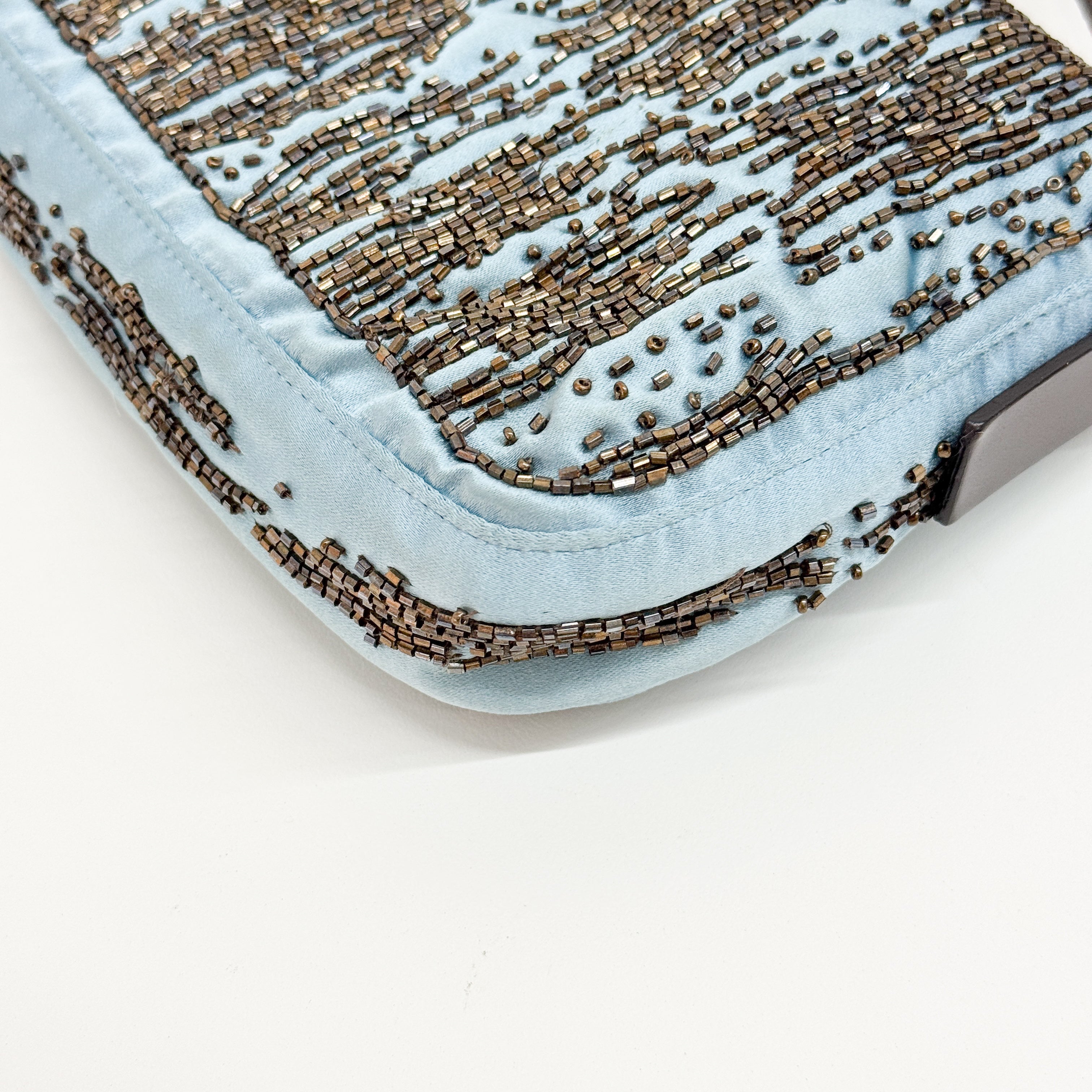 Baguette Blue Python Embossed Hardware Beaded Satin Shoulder Bag