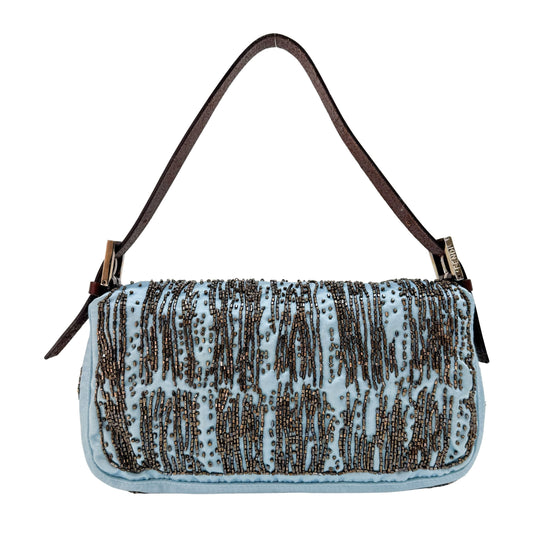 Baguette Blue Python Embossed Hardware Beaded Satin Shoulder Bag
