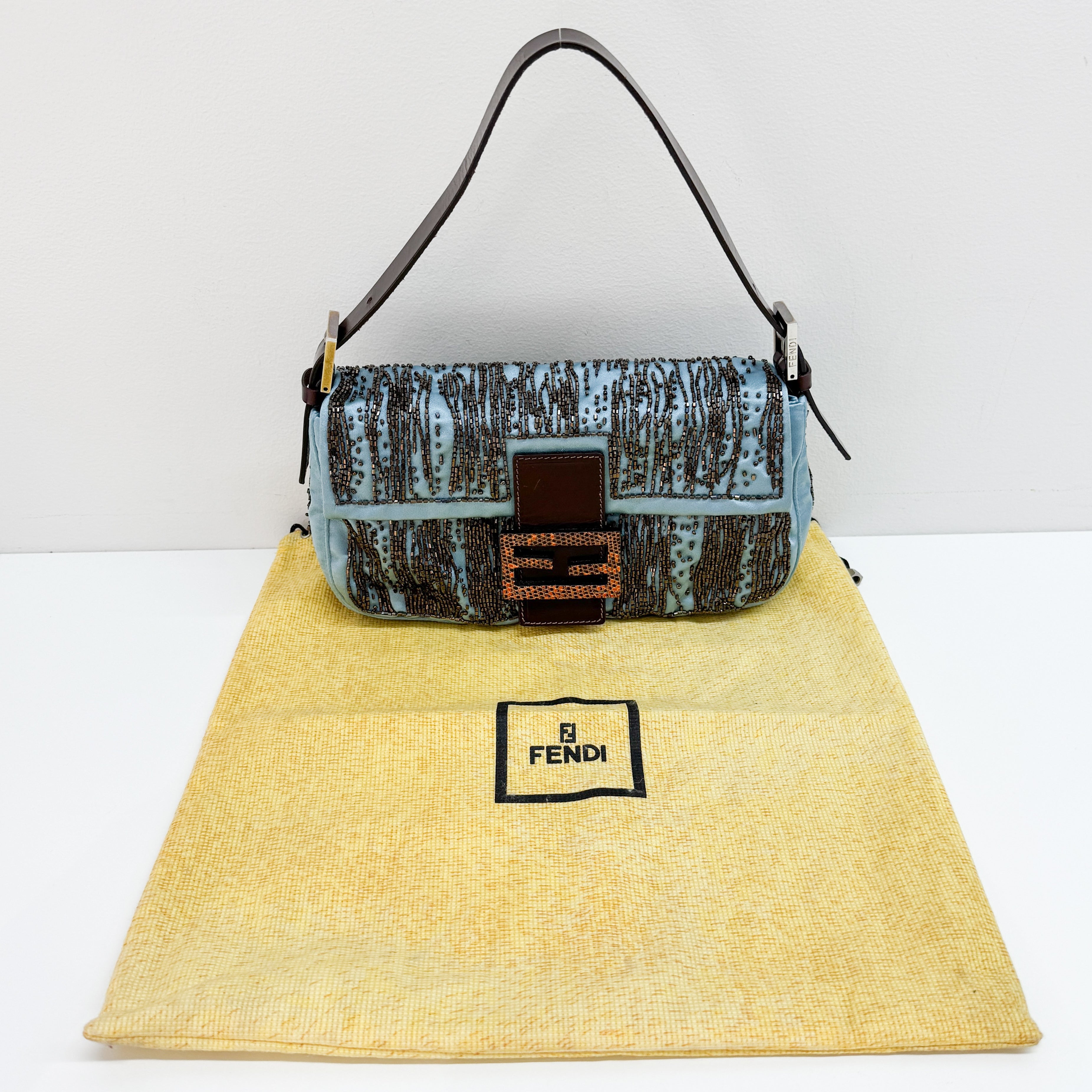 Baguette Blue Python Embossed Hardware Beaded Satin Shoulder Bag