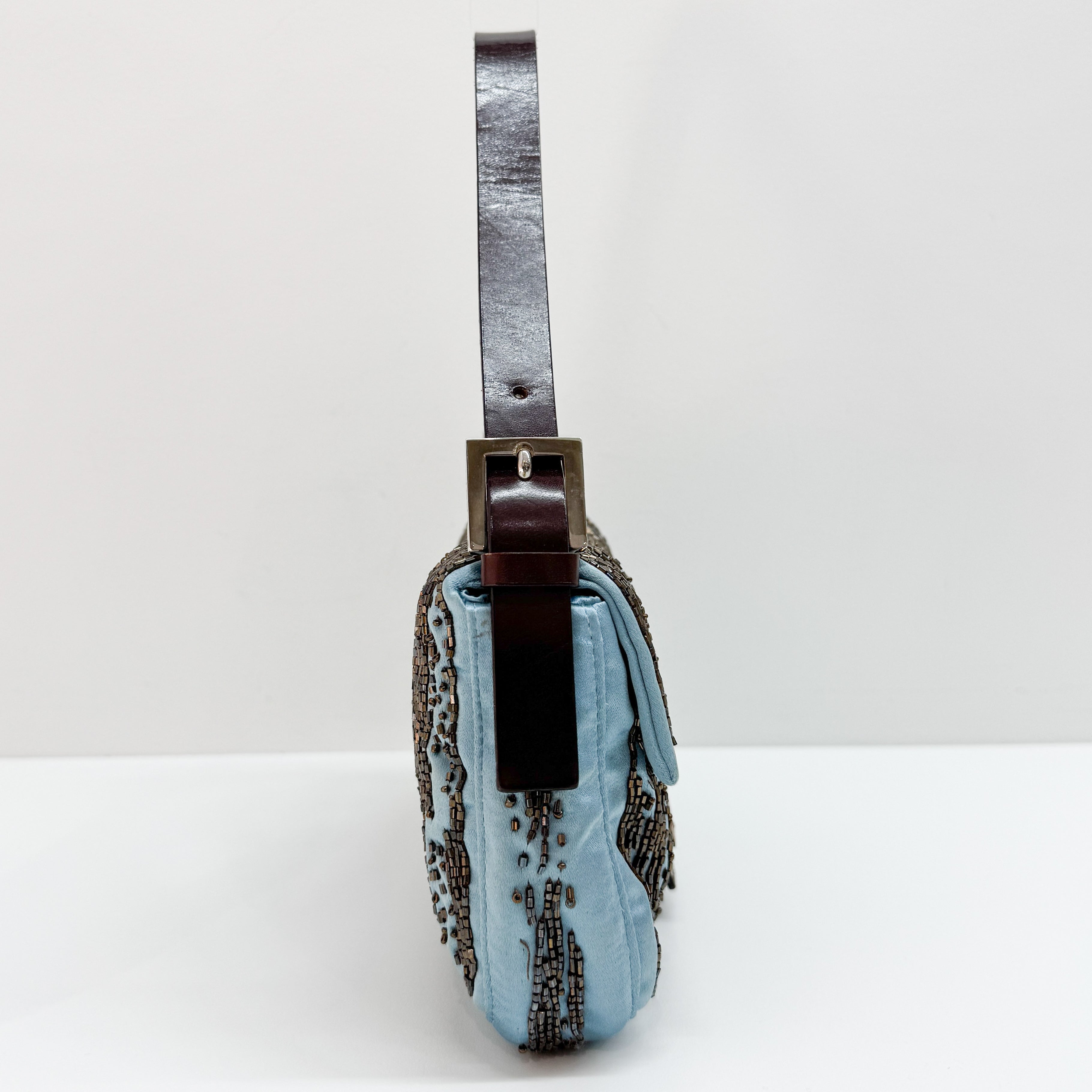 Baguette Blue Python Embossed Hardware Beaded Satin Shoulder Bag