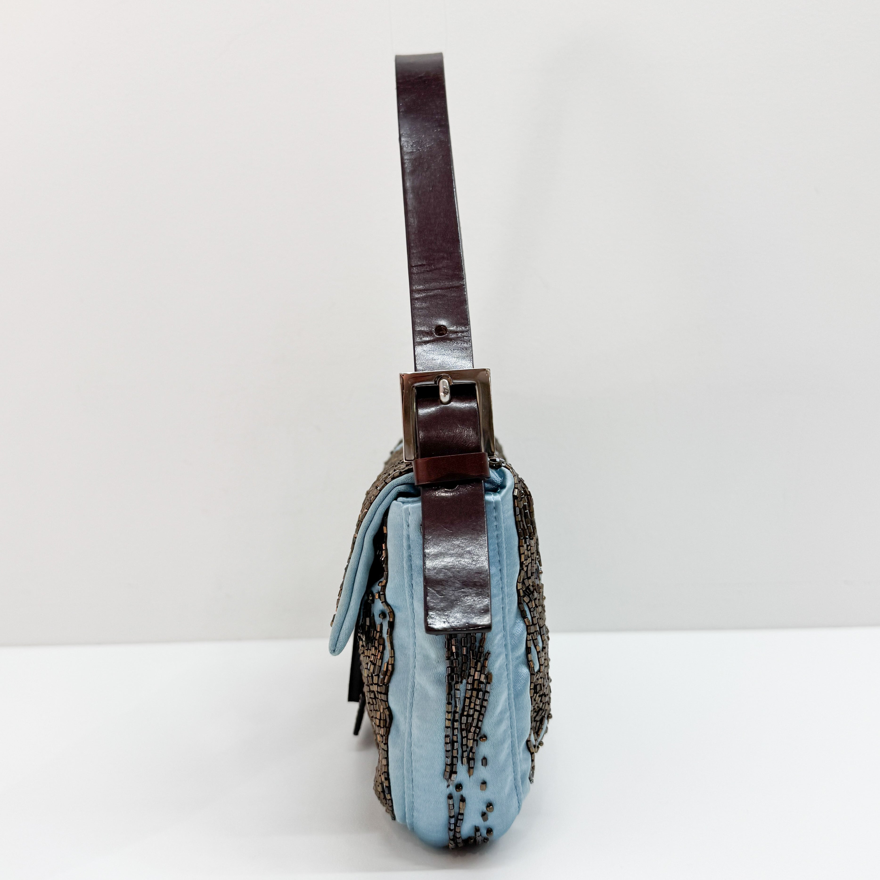 Baguette Blue Python Embossed Hardware Beaded Satin Shoulder Bag