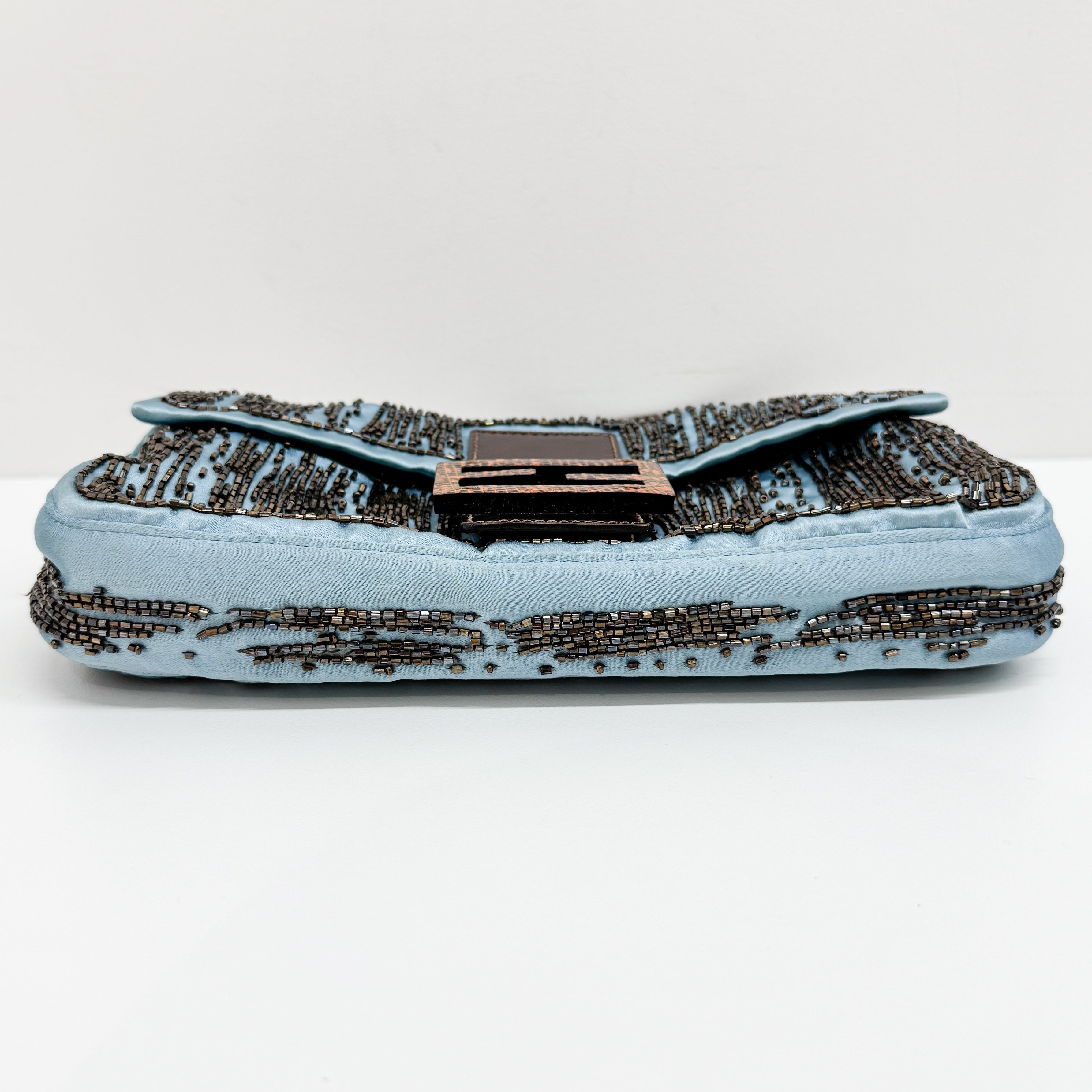 Baguette Blue Python Embossed Hardware Beaded Satin Shoulder Bag