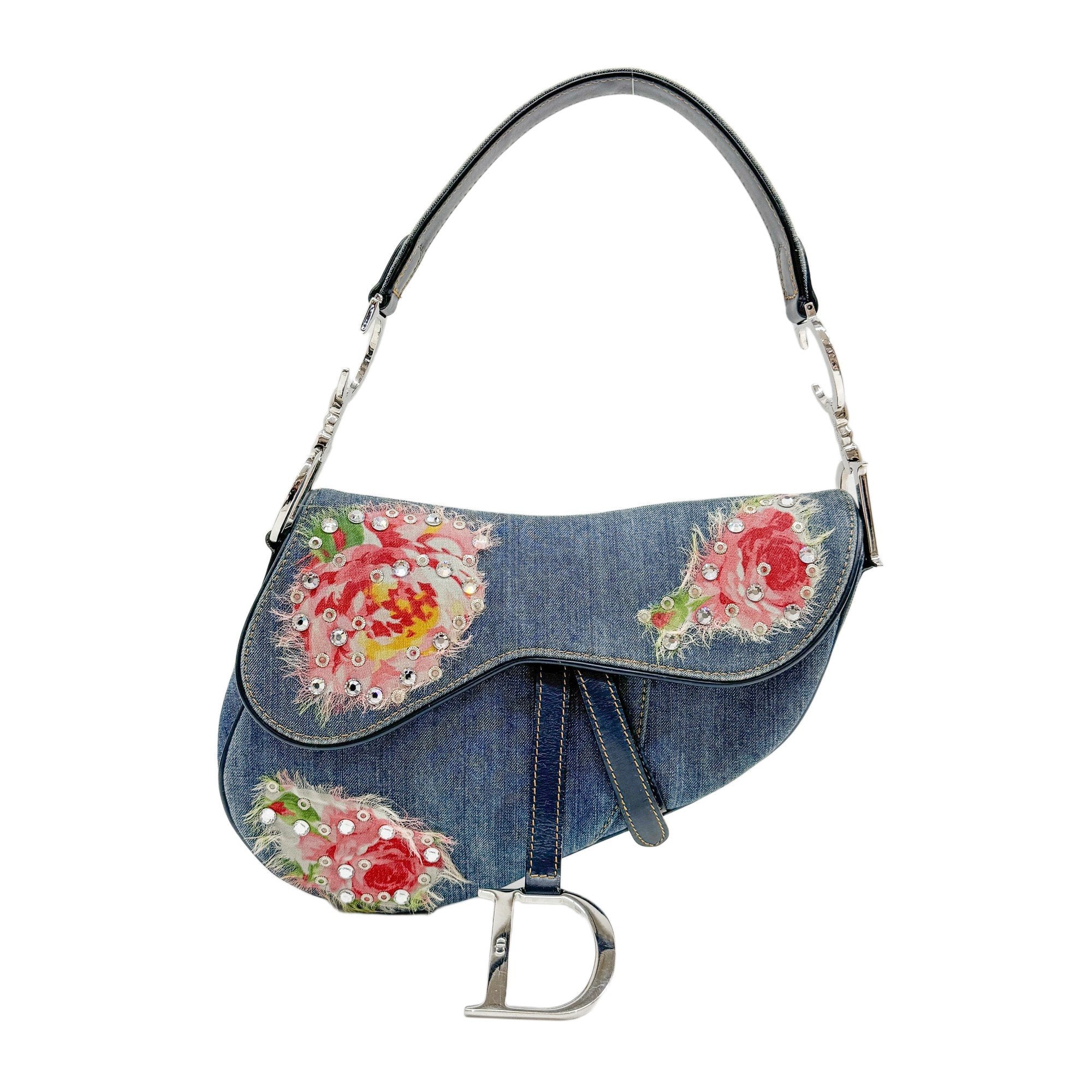Saddle Blue Floral Print Rhinestone Denim Shoulder Bag