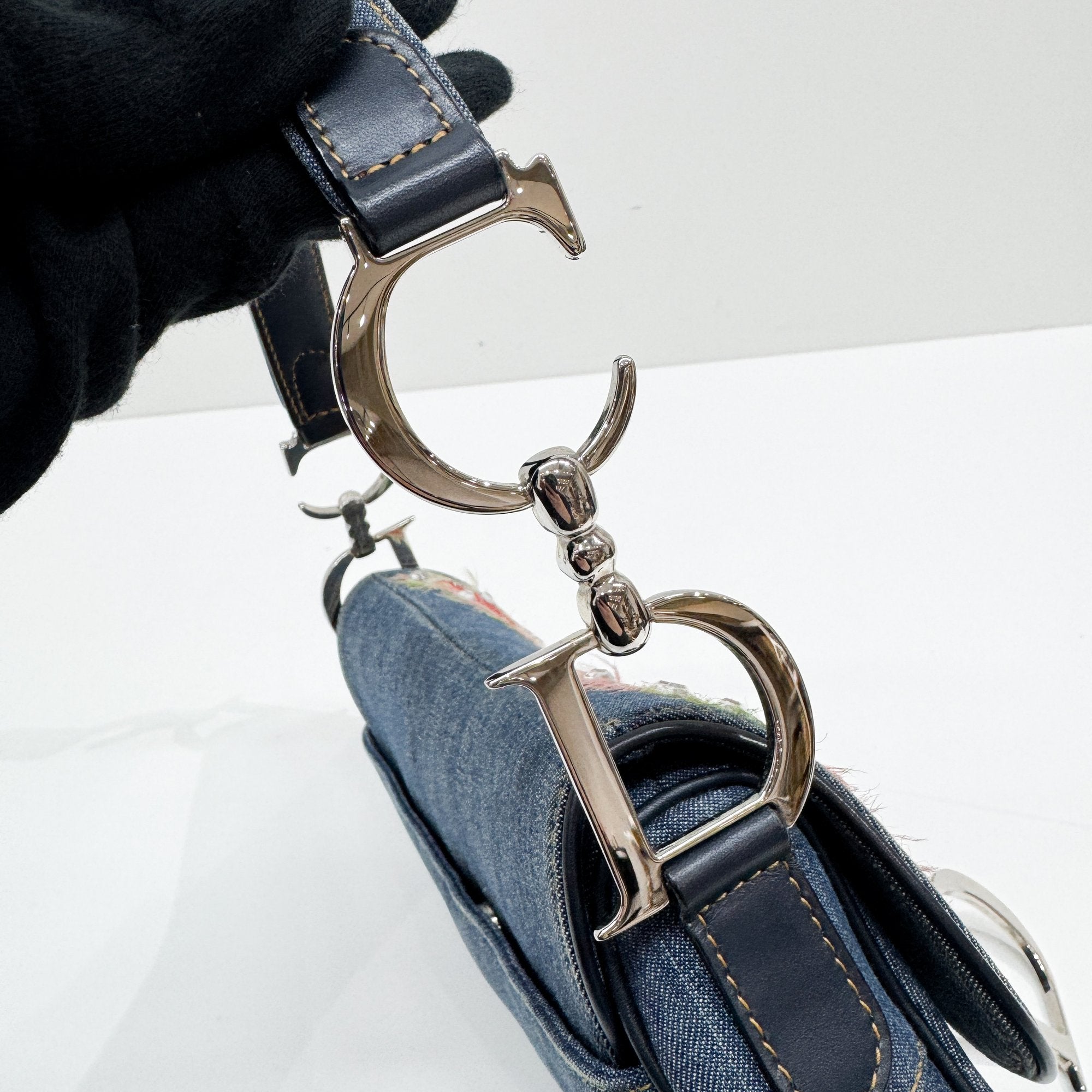 Saddle Blue Floral Print Rhinestone Denim Shoulder Bag