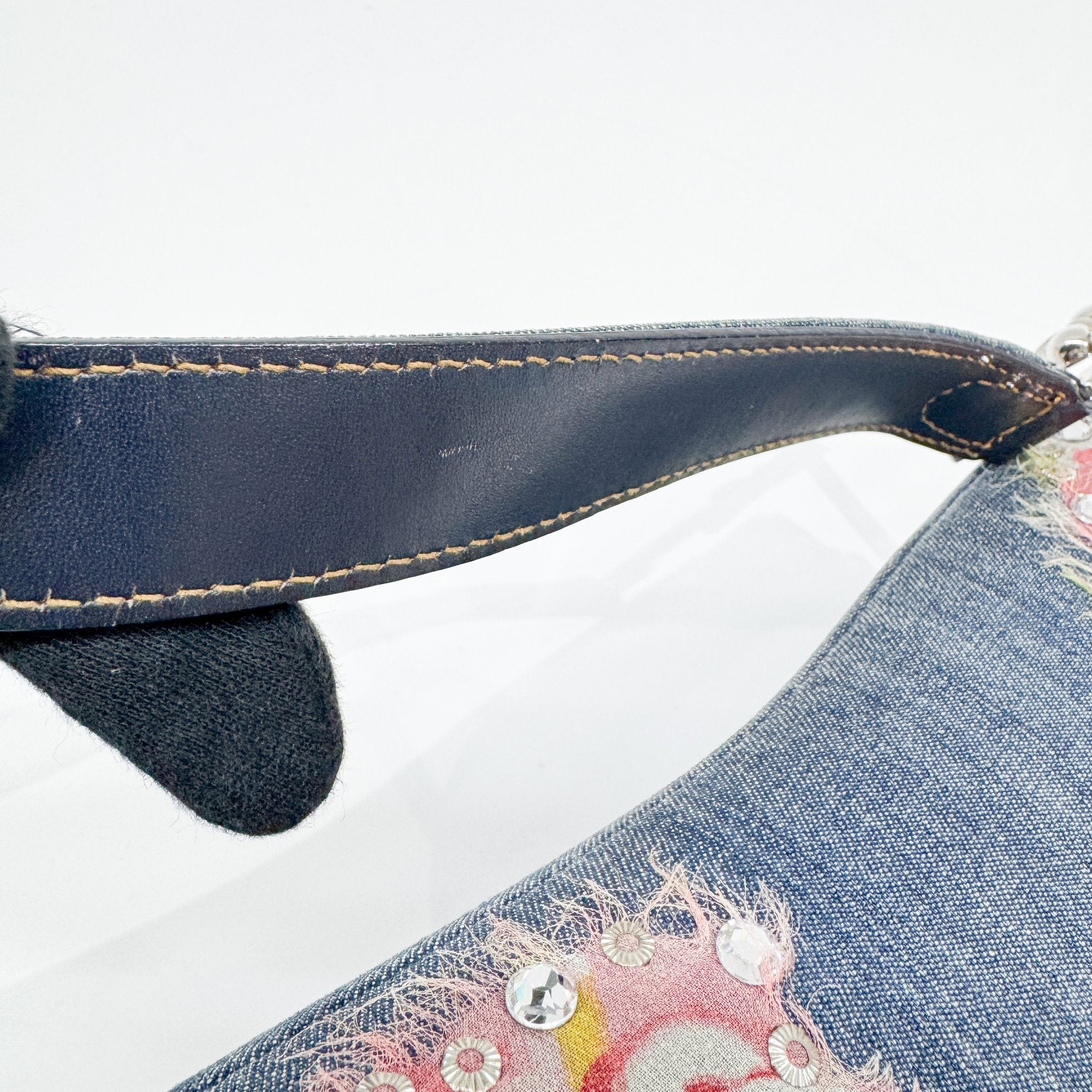 Saddle Blue Floral Print Rhinestone Denim Shoulder Bag