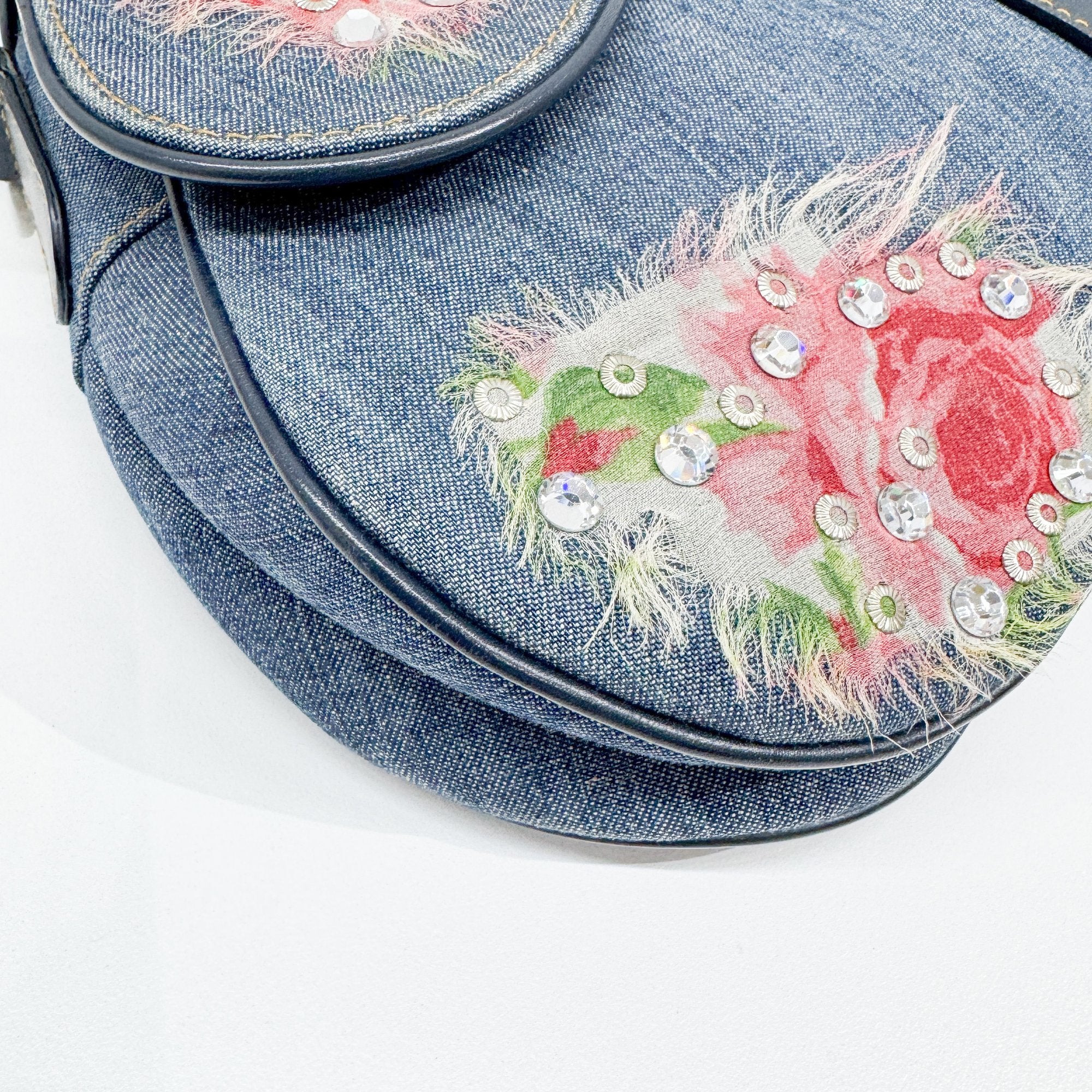 Saddle Blue Floral Print Rhinestone Denim Shoulder Bag