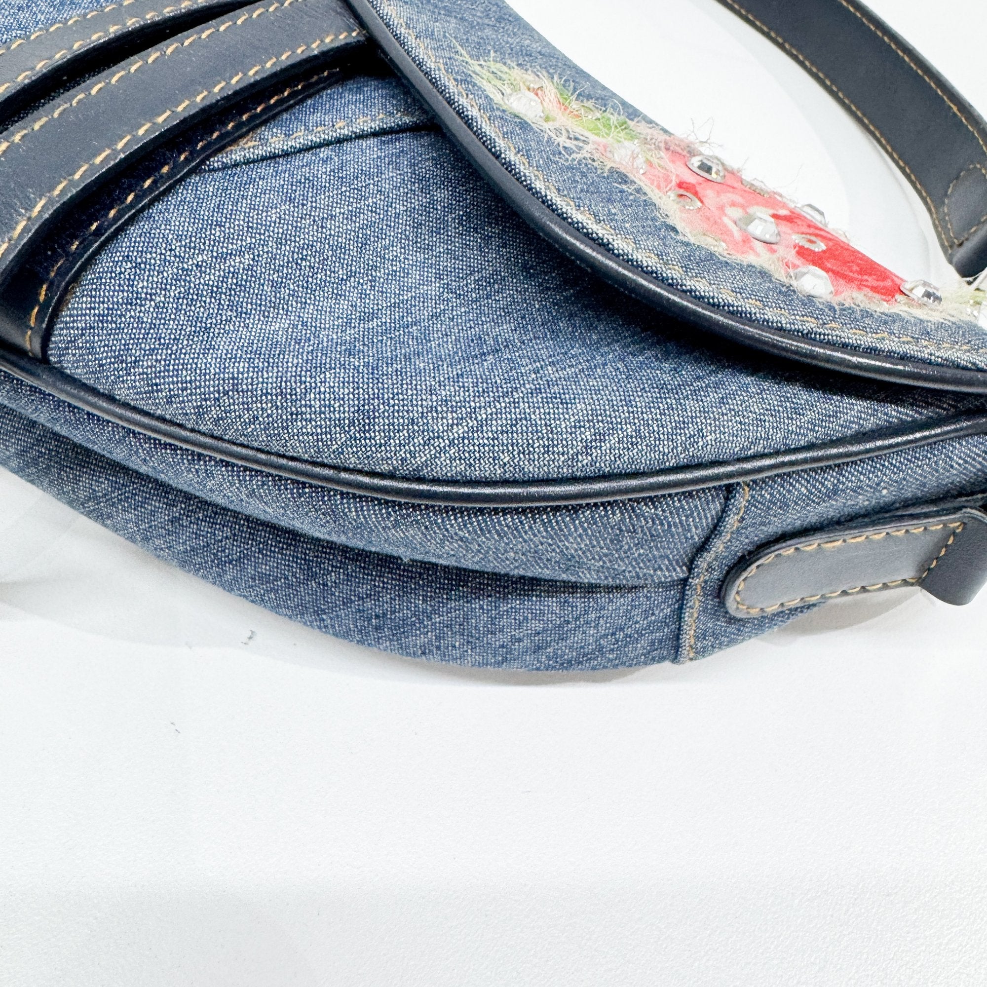 Saddle Blue Floral Print Rhinestone Denim Shoulder Bag