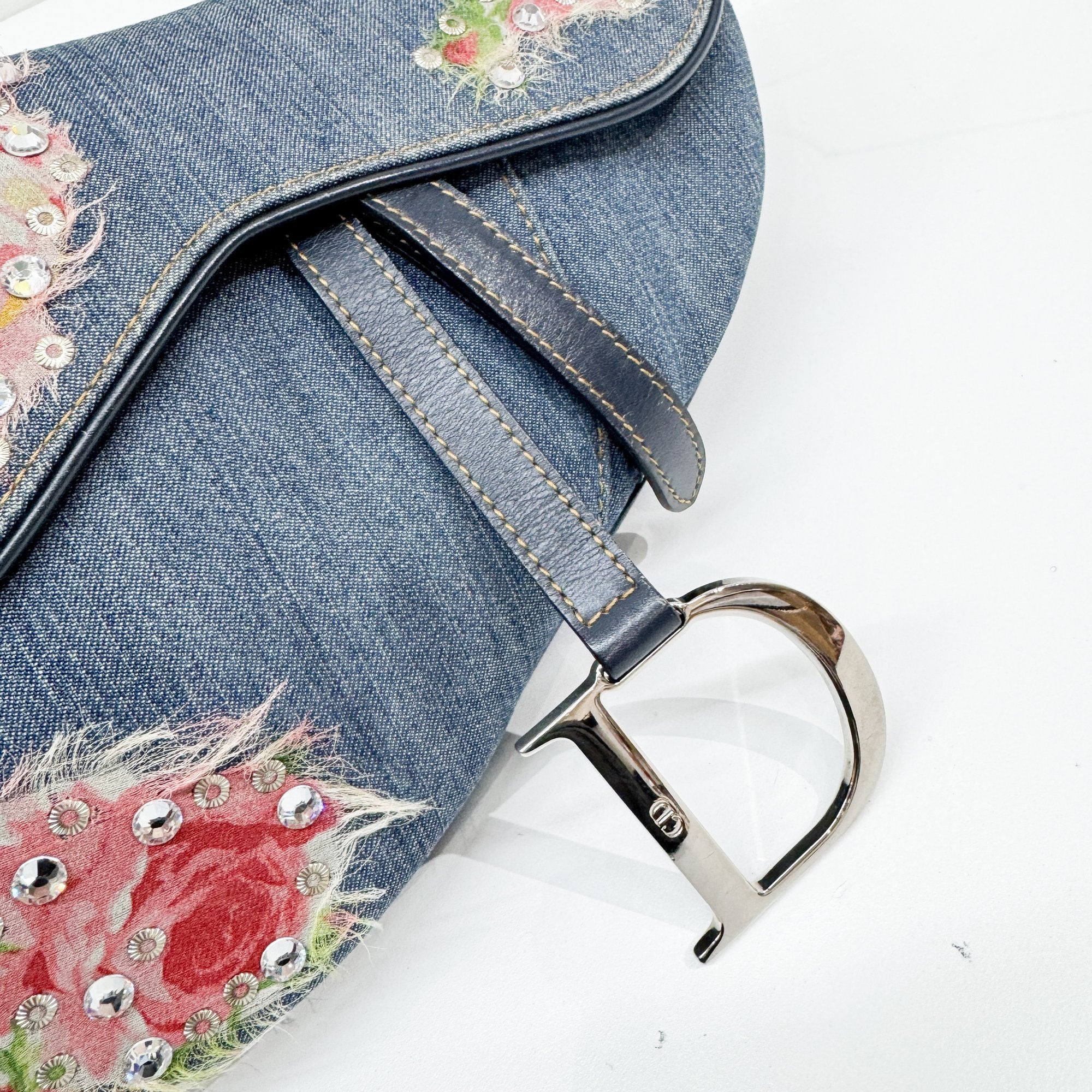 Saddle Blue Floral Print Rhinestone Denim Shoulder Bag