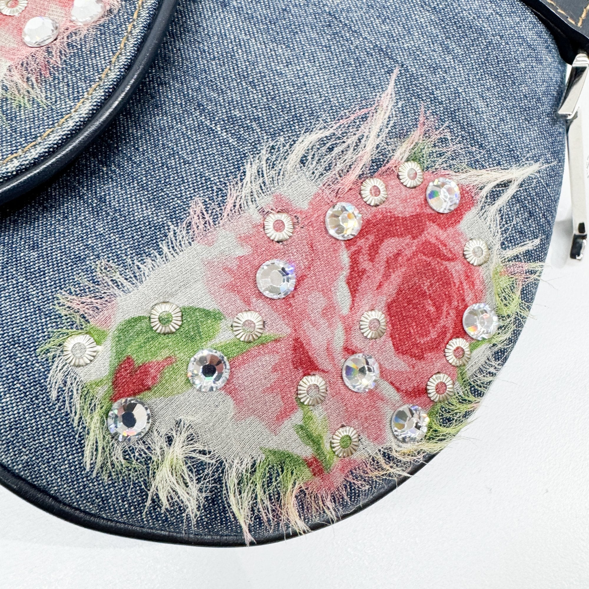 Saddle Blue Floral Print Rhinestone Denim Shoulder Bag