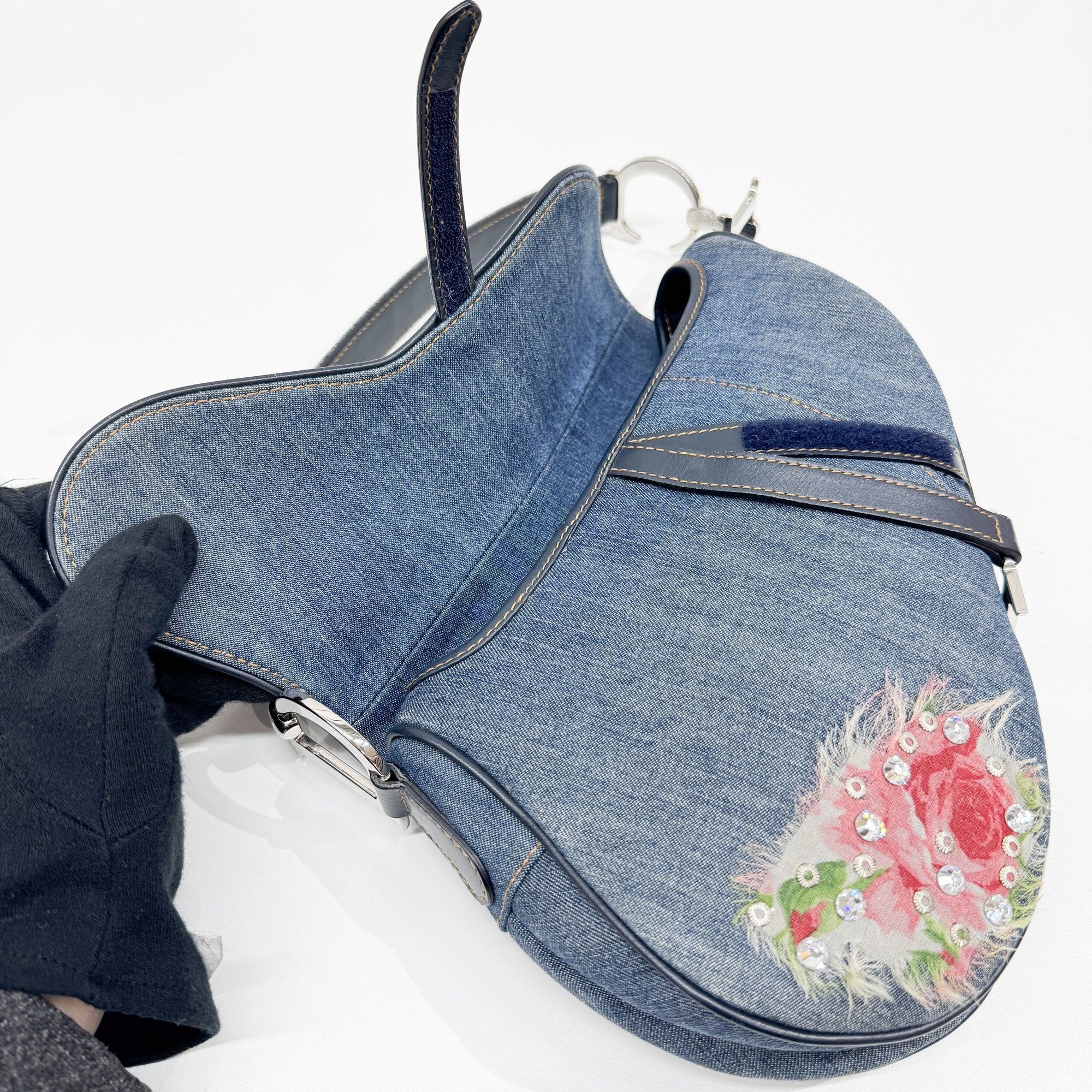 Saddle Blue Floral Print Rhinestone Denim Shoulder Bag