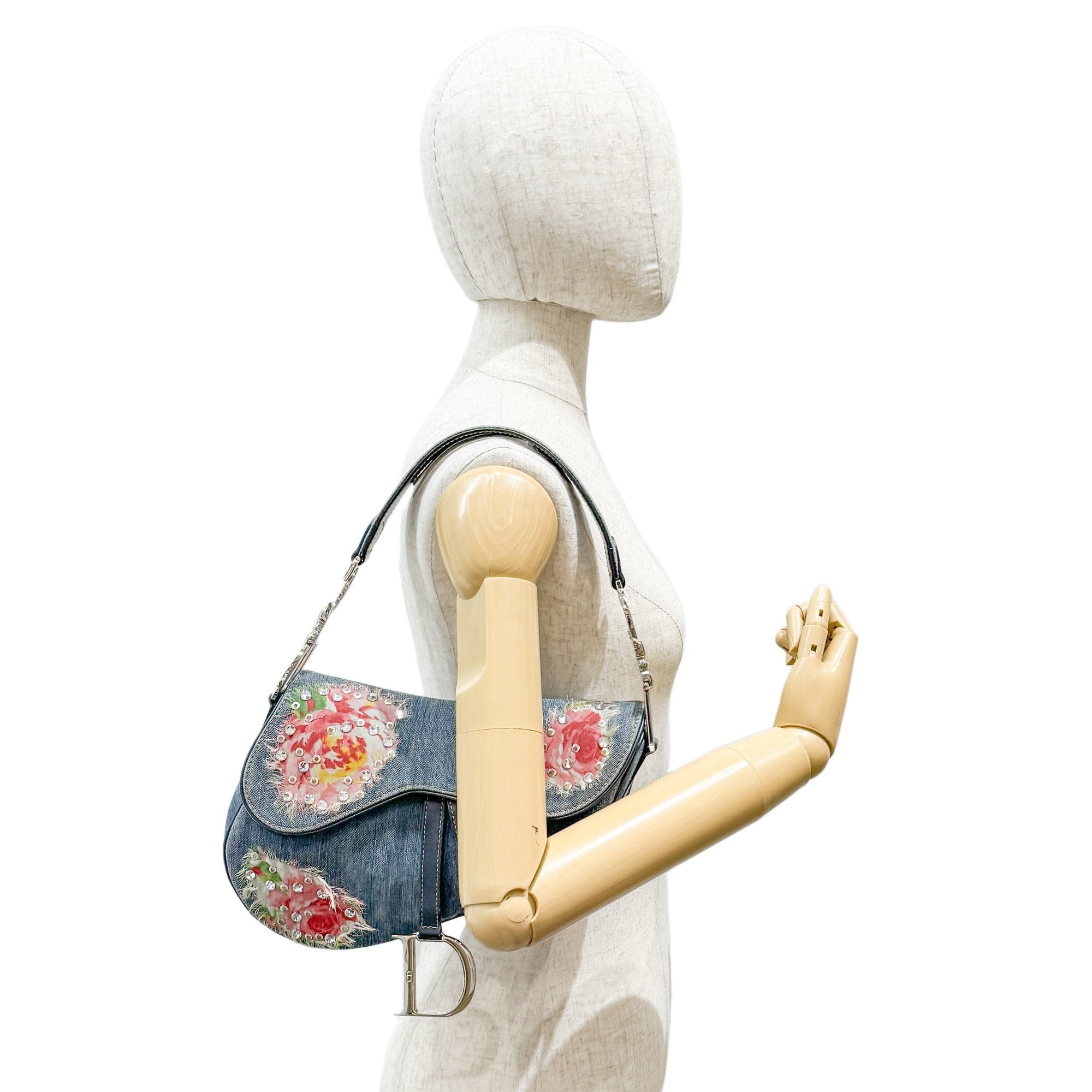 Saddle Blue Floral Print Rhinestone Denim Shoulder Bag