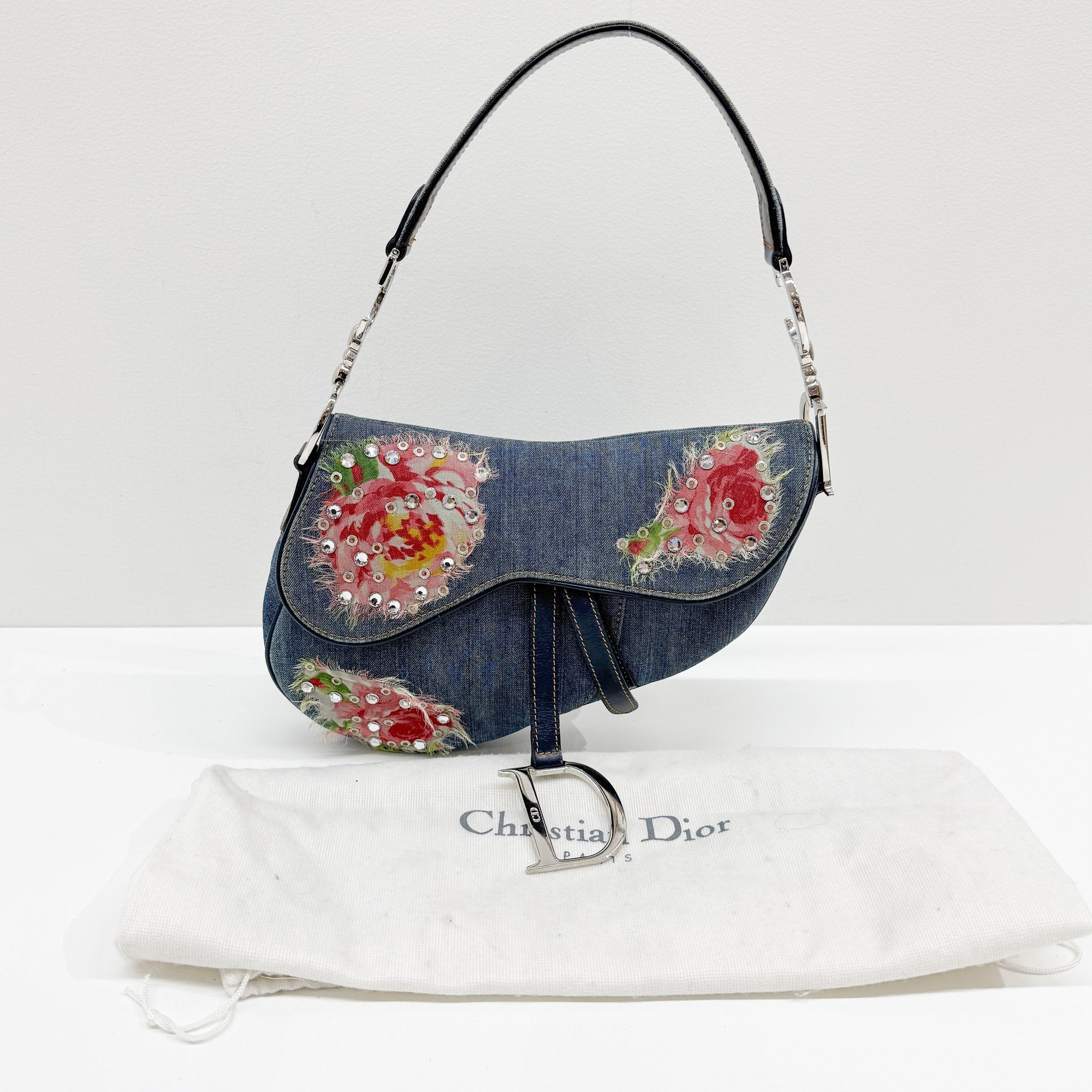 Saddle Blue Floral Print Rhinestone Denim Shoulder Bag