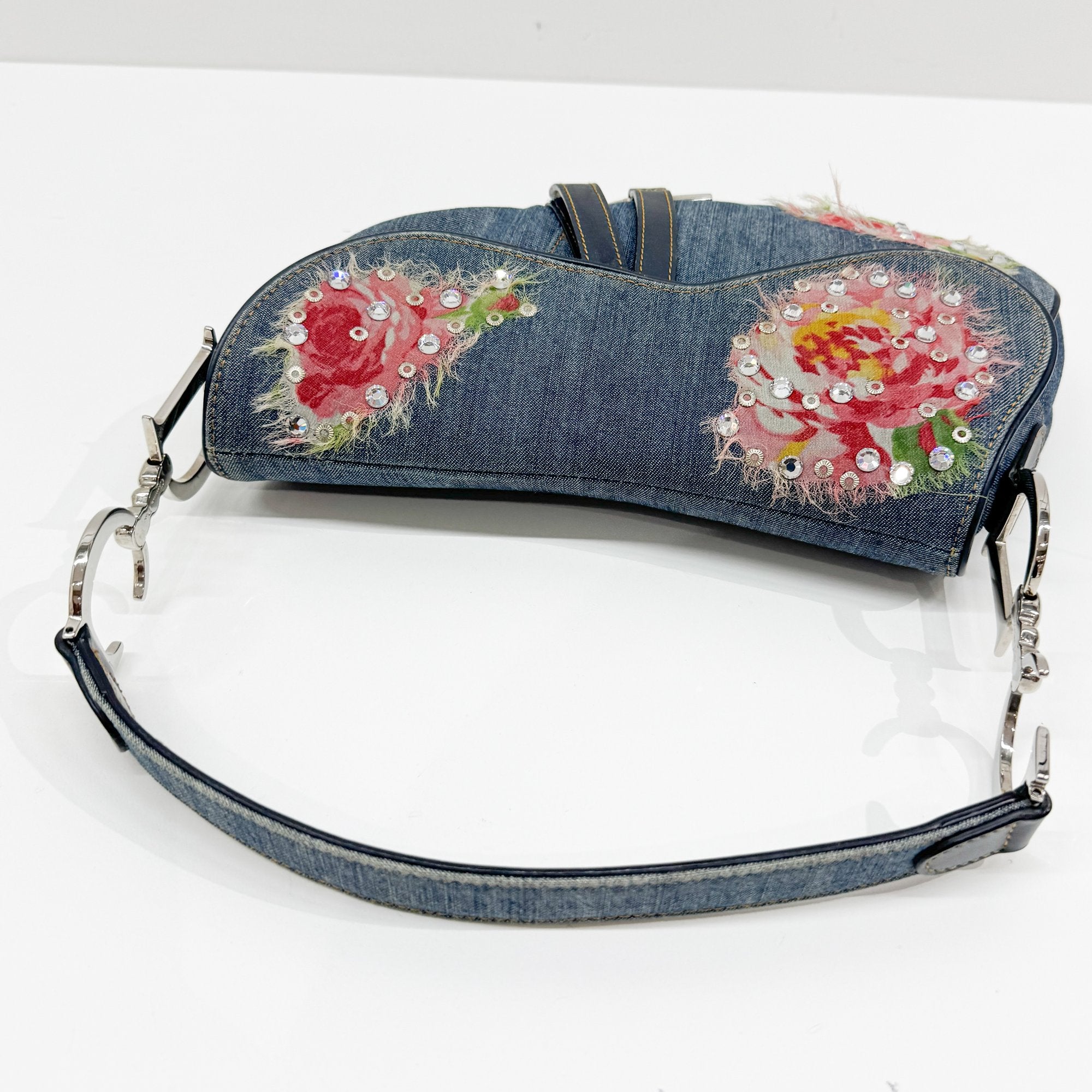 Saddle Blue Floral Print Rhinestone Denim Shoulder Bag