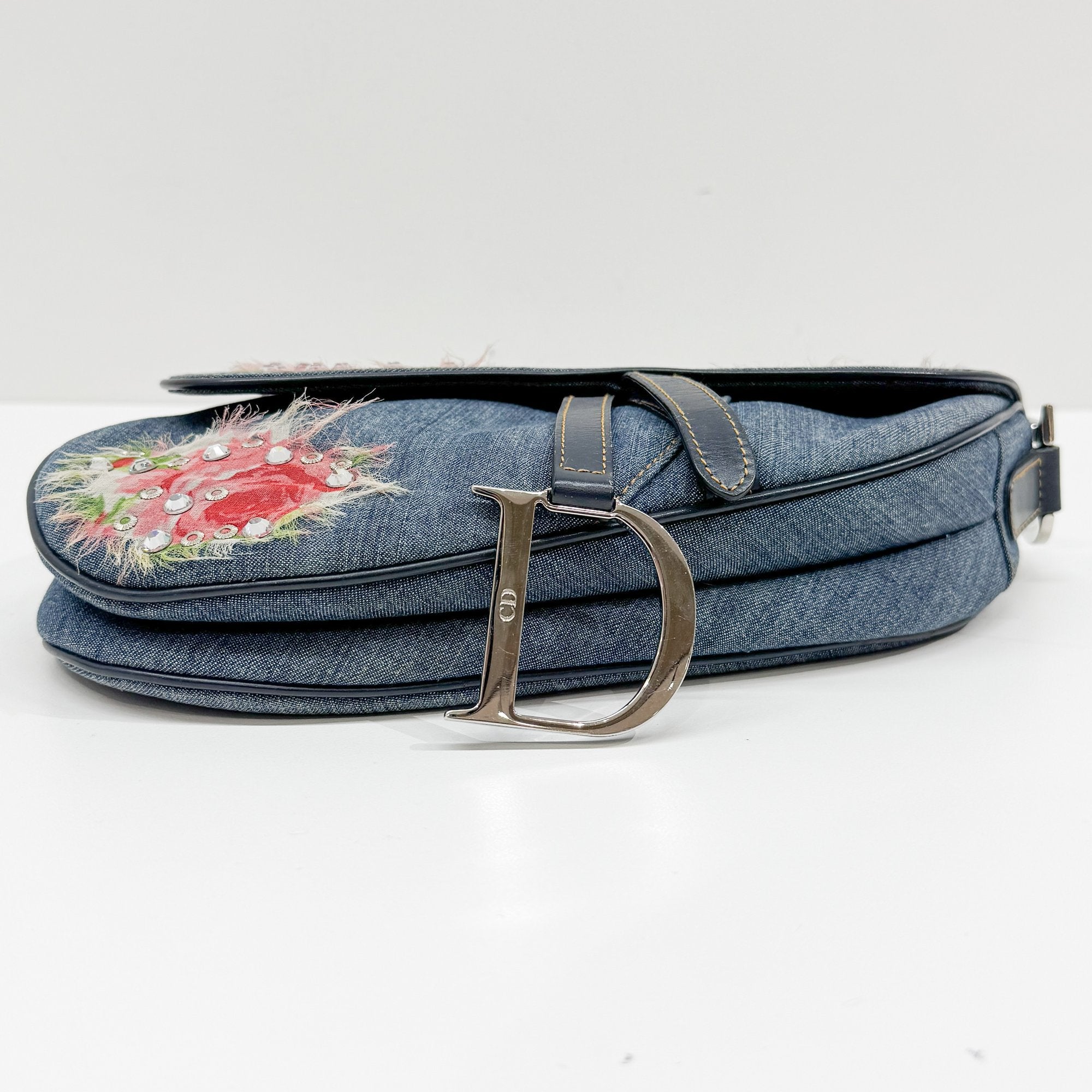 Saddle Blue Floral Print Rhinestone Denim Shoulder Bag