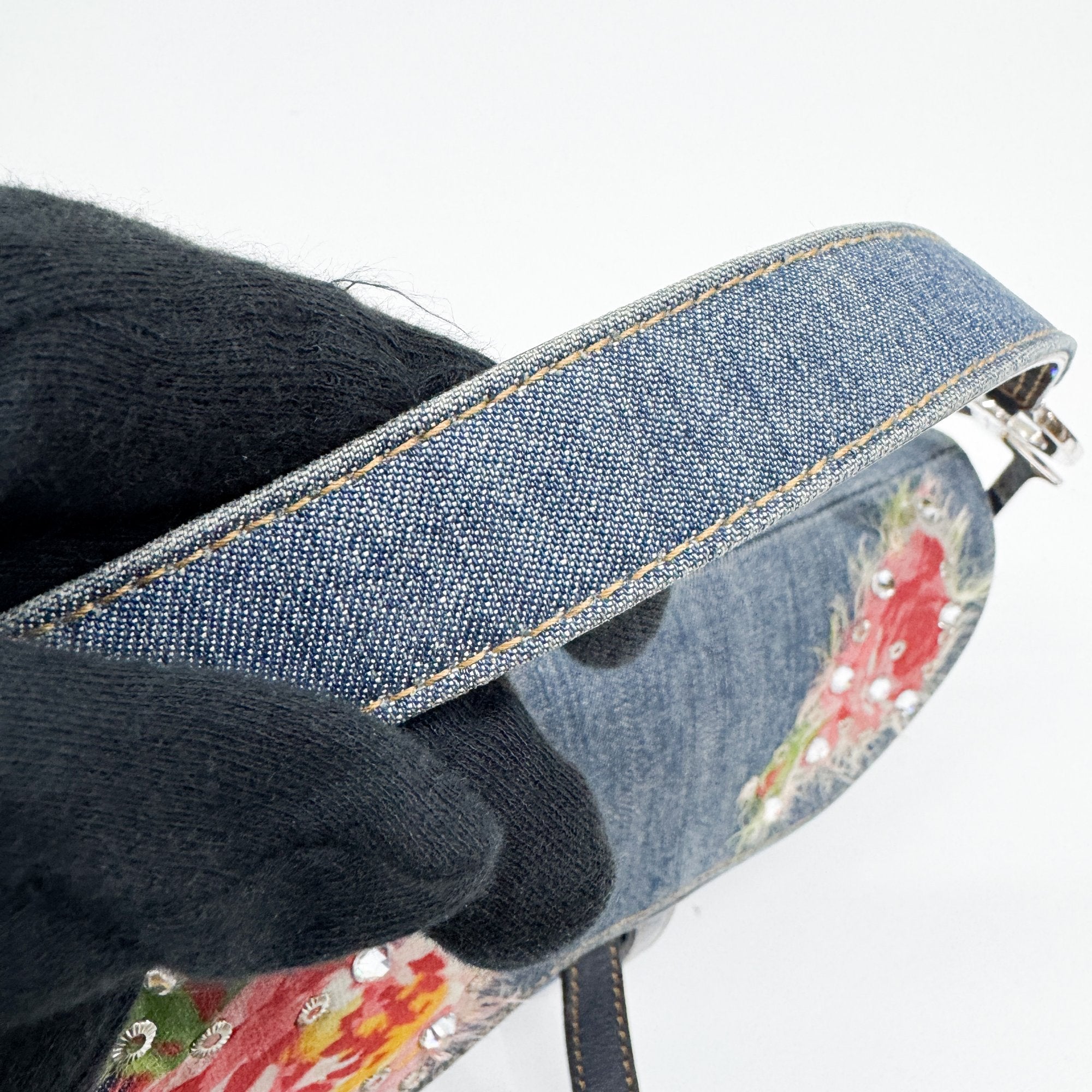 Saddle Blue Floral Print Rhinestone Denim Shoulder Bag