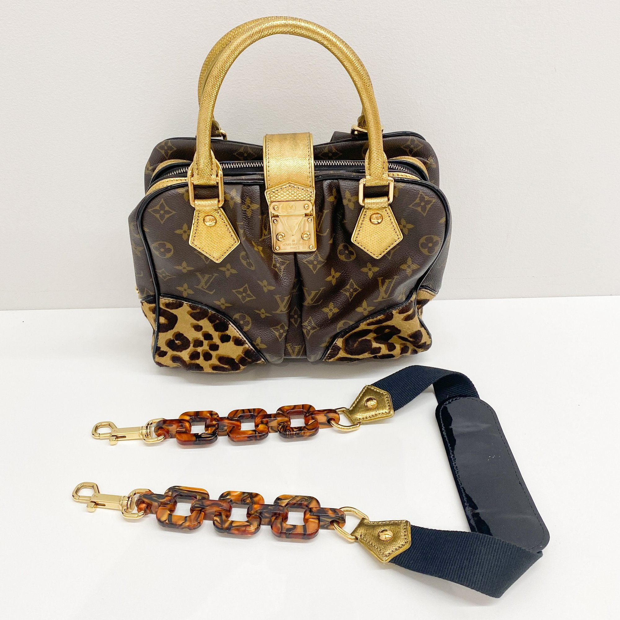 Monogram Brown Coated Canvas Leopard Print Hand Bag