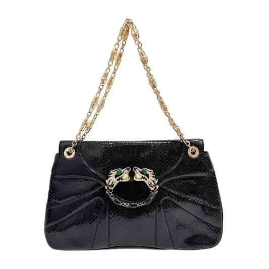 Rhinestone Dragon Black Python Embossed Leather Shoulder Bag