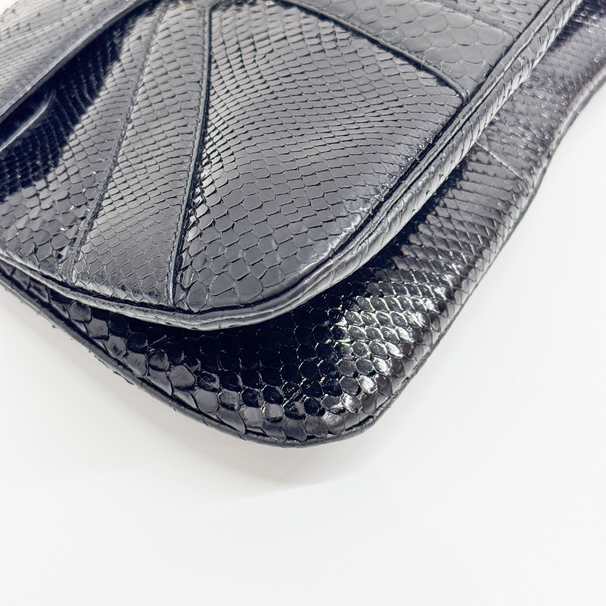 Rhinestone Dragon Black Python Embossed Leather Shoulder Bag