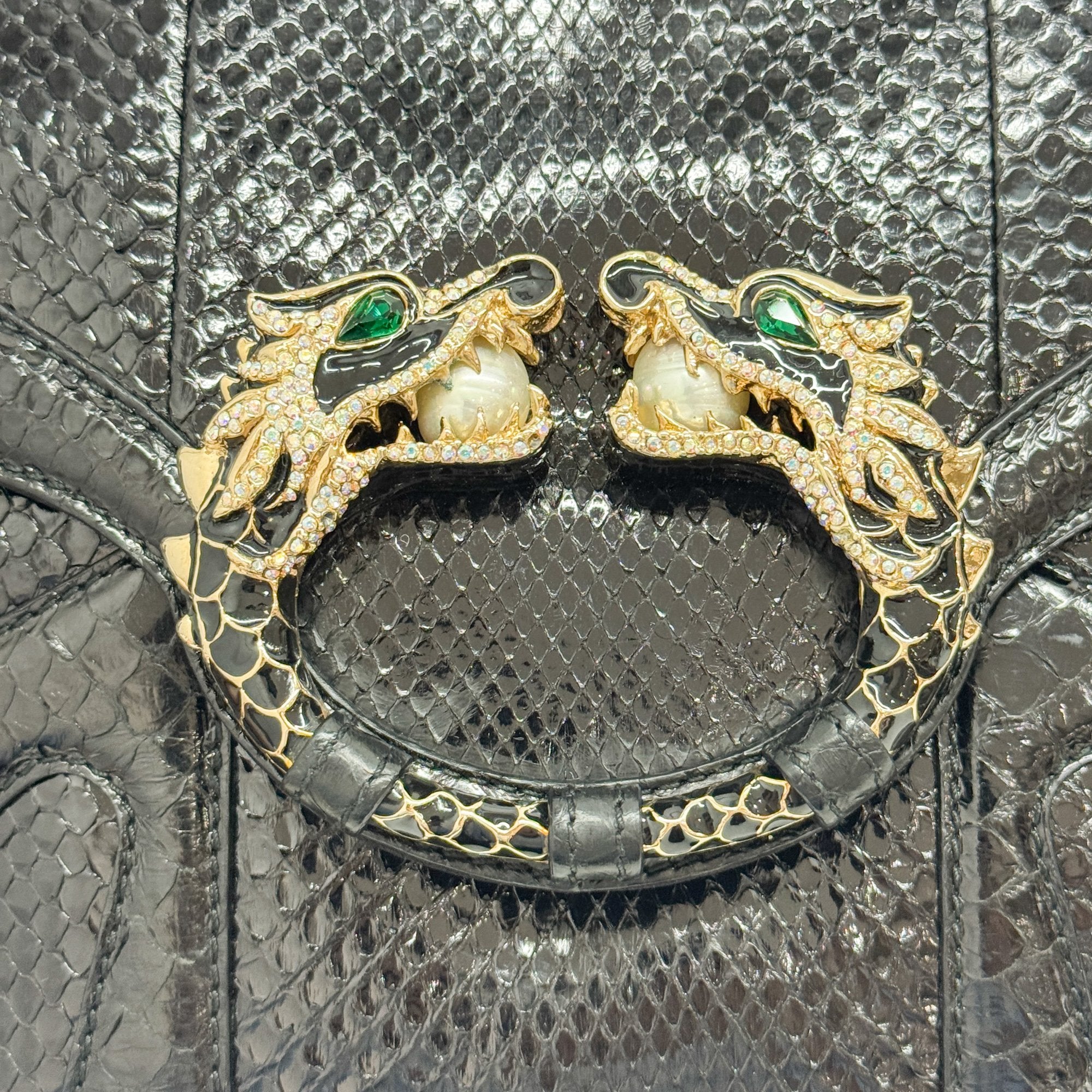 Rhinestone Dragon Black Python Embossed Leather Shoulder Bag