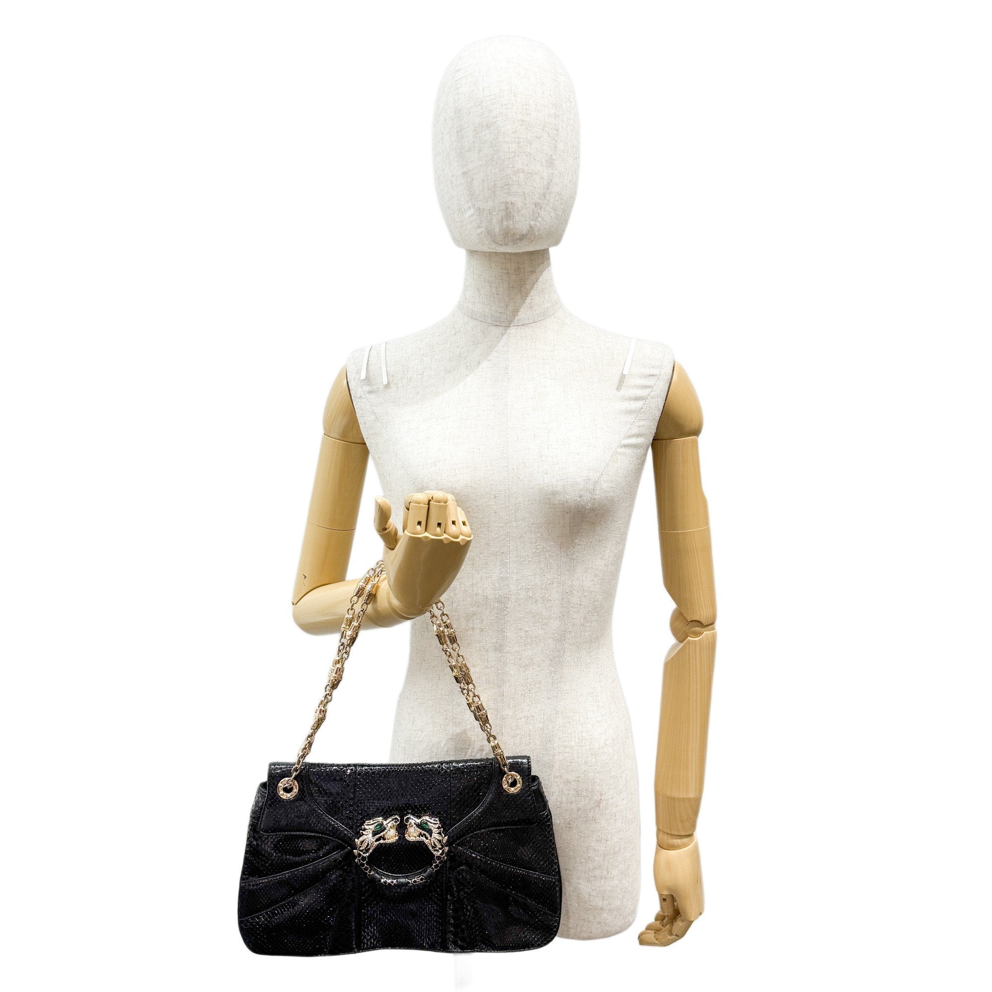 Rhinestone Dragon Black Python Embossed Leather Shoulder Bag