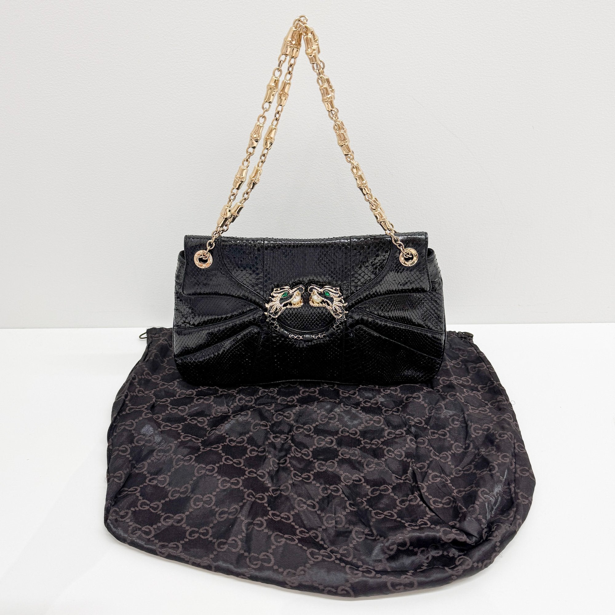 Rhinestone Dragon Black Python Embossed Leather Shoulder Bag