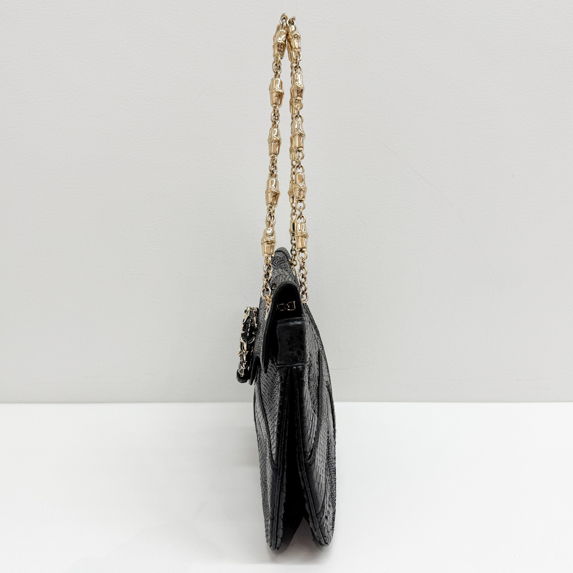 Rhinestone Dragon Black Python Embossed Leather Shoulder Bag